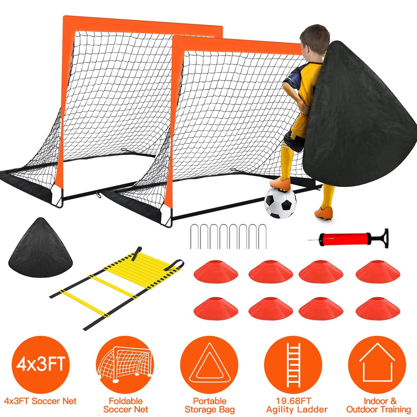 Kids Soccer Goal Training Equipment Set For Backyard Foldable 4x3FT Soccer Net Agility Ladder Inflatable Soccer Field Cones Portable Soccer Practice N
