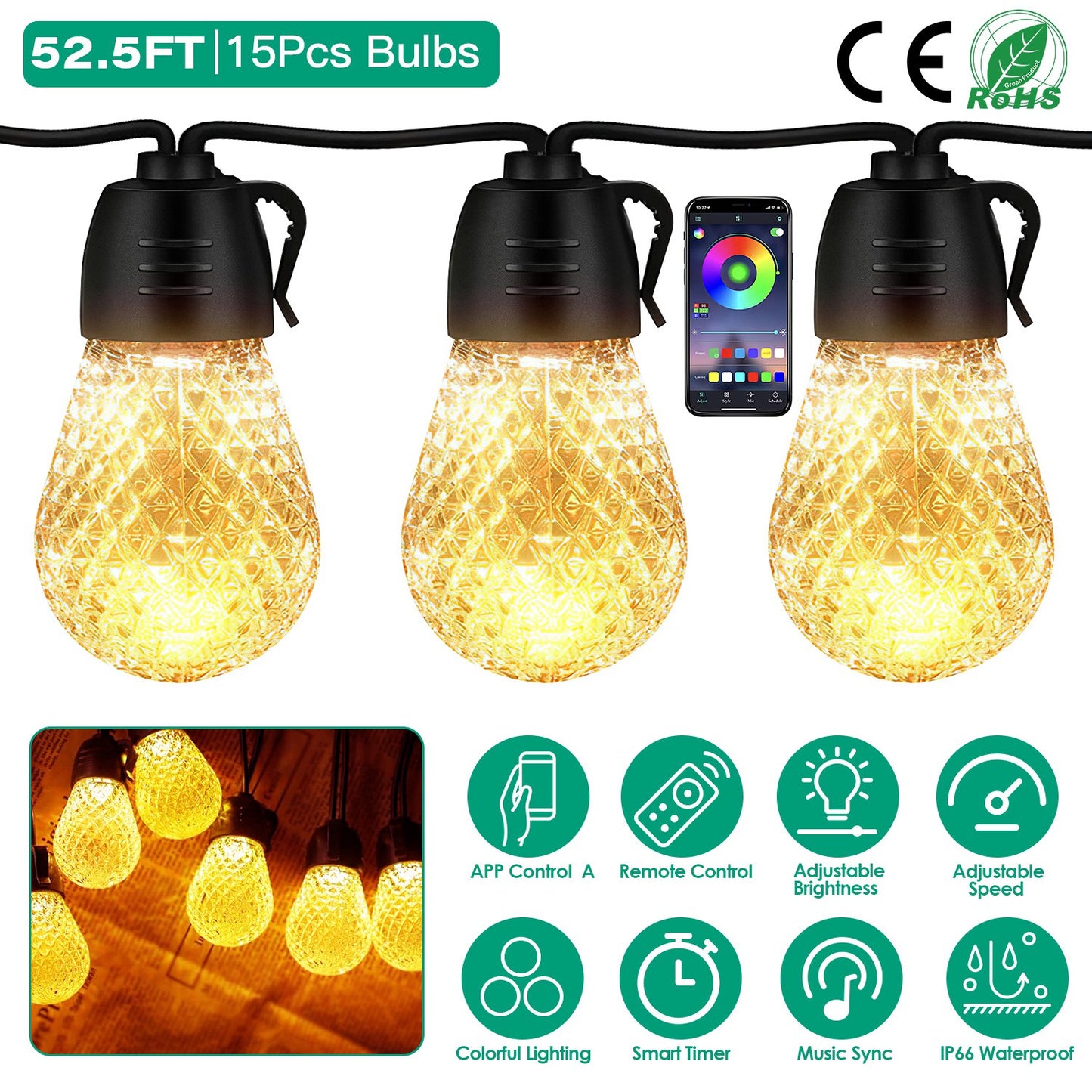 52.5FT Colorful Outdoor String Lights Smart RGB LED Patio Lights IP66 Waterproof Dimmable Hanging Light Bulbs with APP/ Remote Control 15 Bulbs