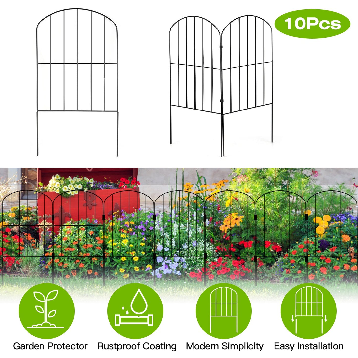 10Pcs Decorative Garden Fence Rustproof Iron Wire Arched Fence Animal Barrier Border 12.59Ó Width 23.93Ó Length For Yard Landscape Patio Outdoor Decor