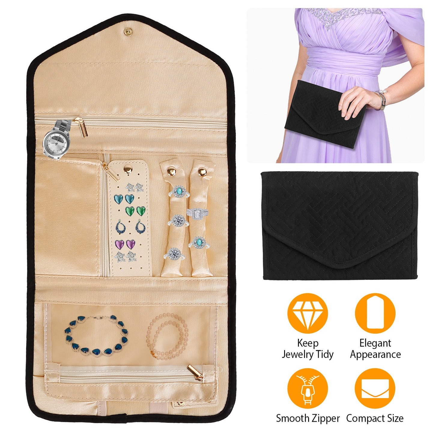 Travel Jewelry Organizer Case Foldable Jewelry Roll Storage Bag for Journey-Rings Necklaces Earrings Bracelets