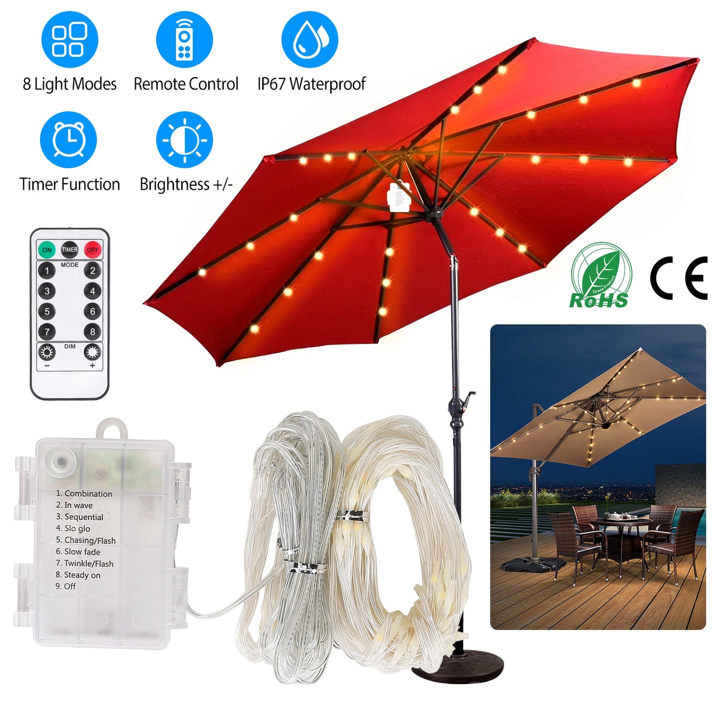 Patio Umbrella Lights 8 Lighting Mode Waterproof Parasol Timer Lamps W/ Remote Controller 104 LED 8 Bundles Warm White for Patio Garden
