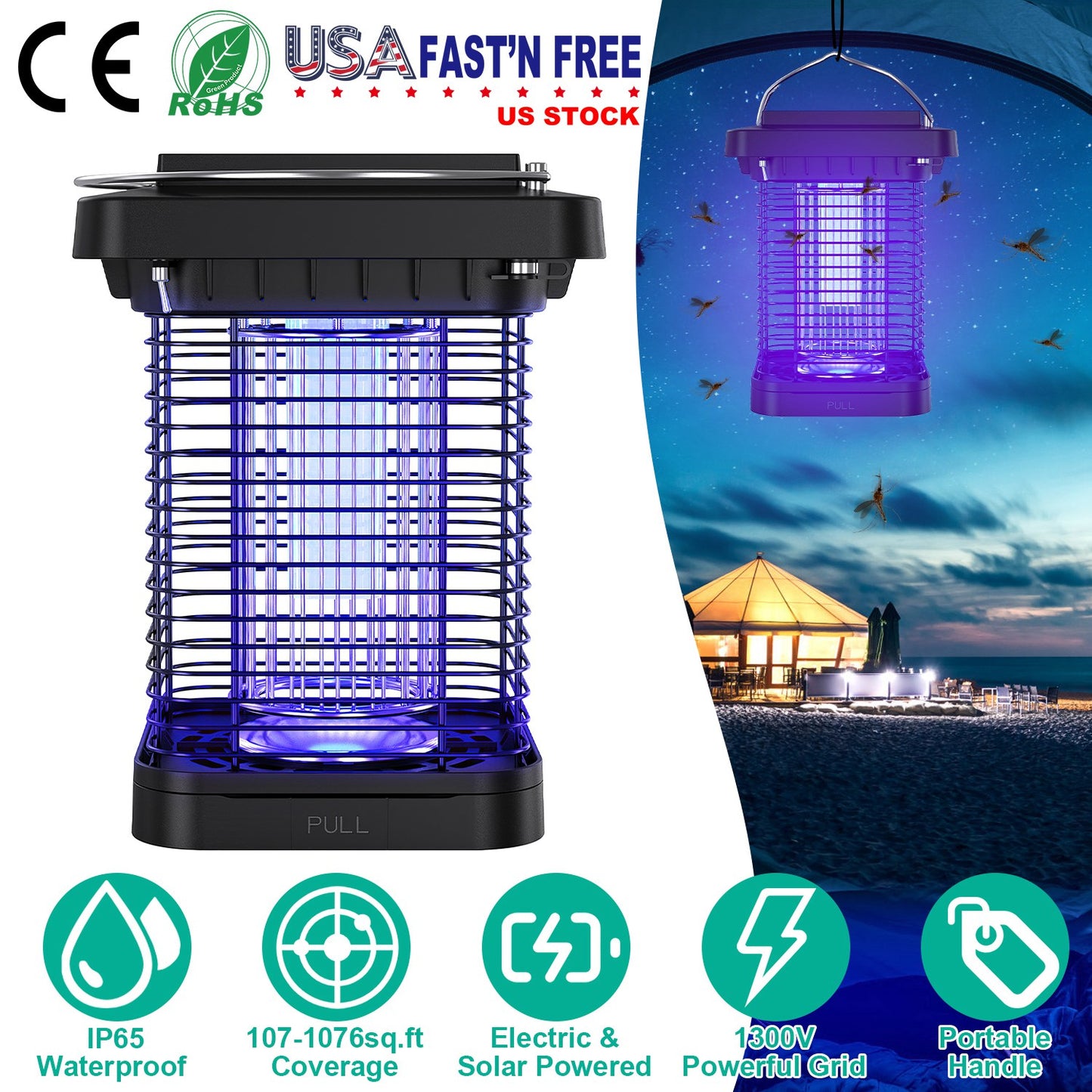 Electric Solar Powered Bug Zapper 1076Sq.Feet Range Mosquito Killer Lamp IP65 Waterproof  Insect Fly Trap Catcher for Indoor Outdoor