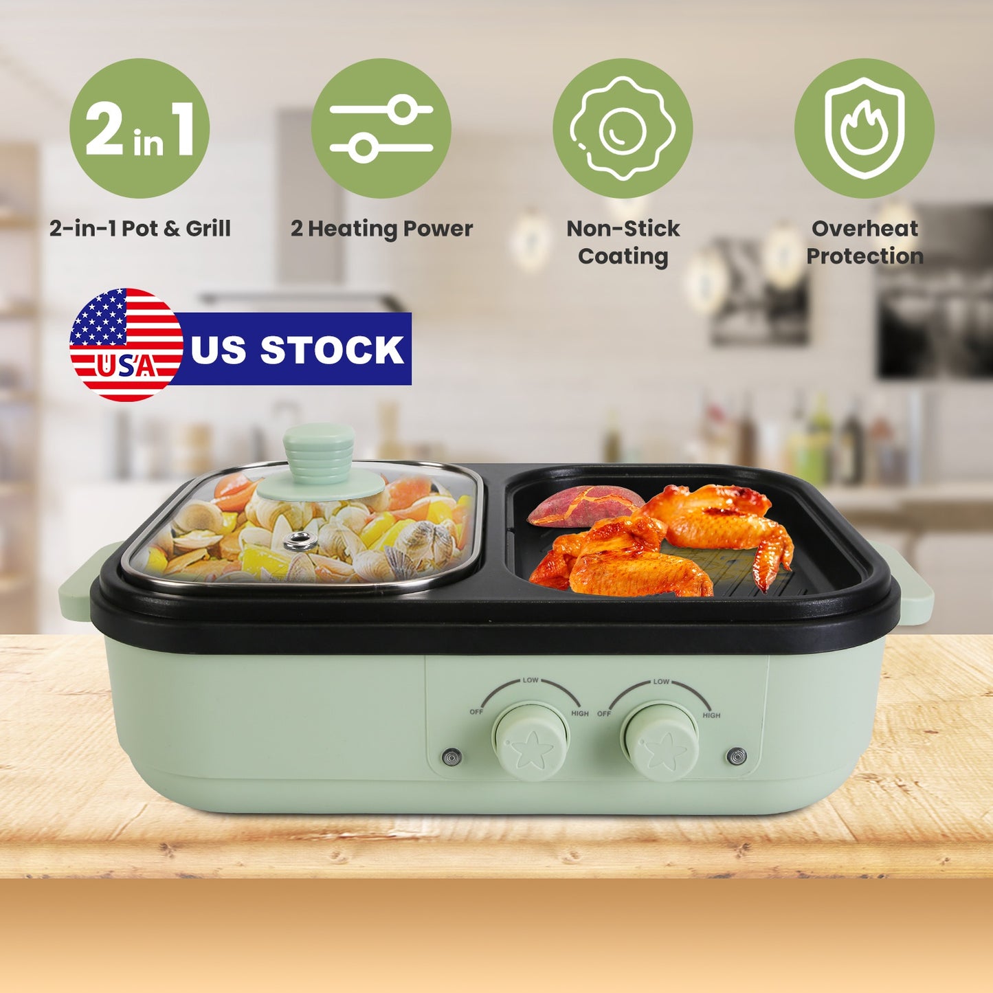 Electric Hot Pot with Grill 2-in-1 Hot Pot and Frying Pan Portable Non-Stick Pot and Griddle Electric Cooker Pot with Glass Lid Fast Heating for 1-2 P