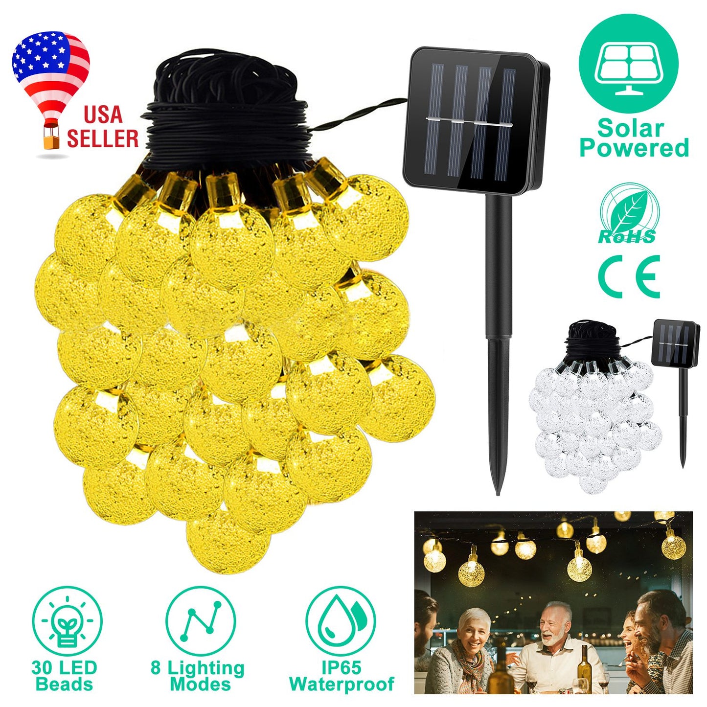 Globe String Solar Lights 30 Ball LED Fairy Solar Lamps 8 Lighting Modes IP65 Waterproof Decorative Lights w/ Stake Garden Lawn Flower Trees Patio Gar