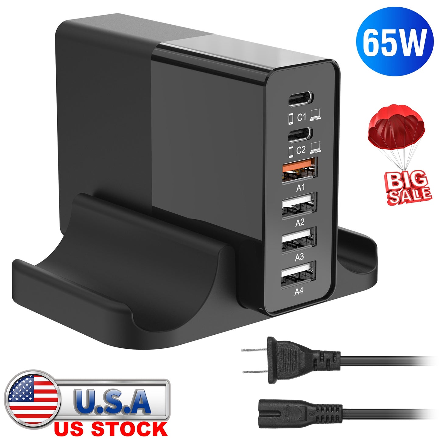 USB Fast Charger 65W 6-Port Fast Charging Station Type-C Wall Charger PD Adapter with 2 Type-C Ports 4 USB-A Ports Fit for IOS Phone 13/ iPad/ Galaxy/