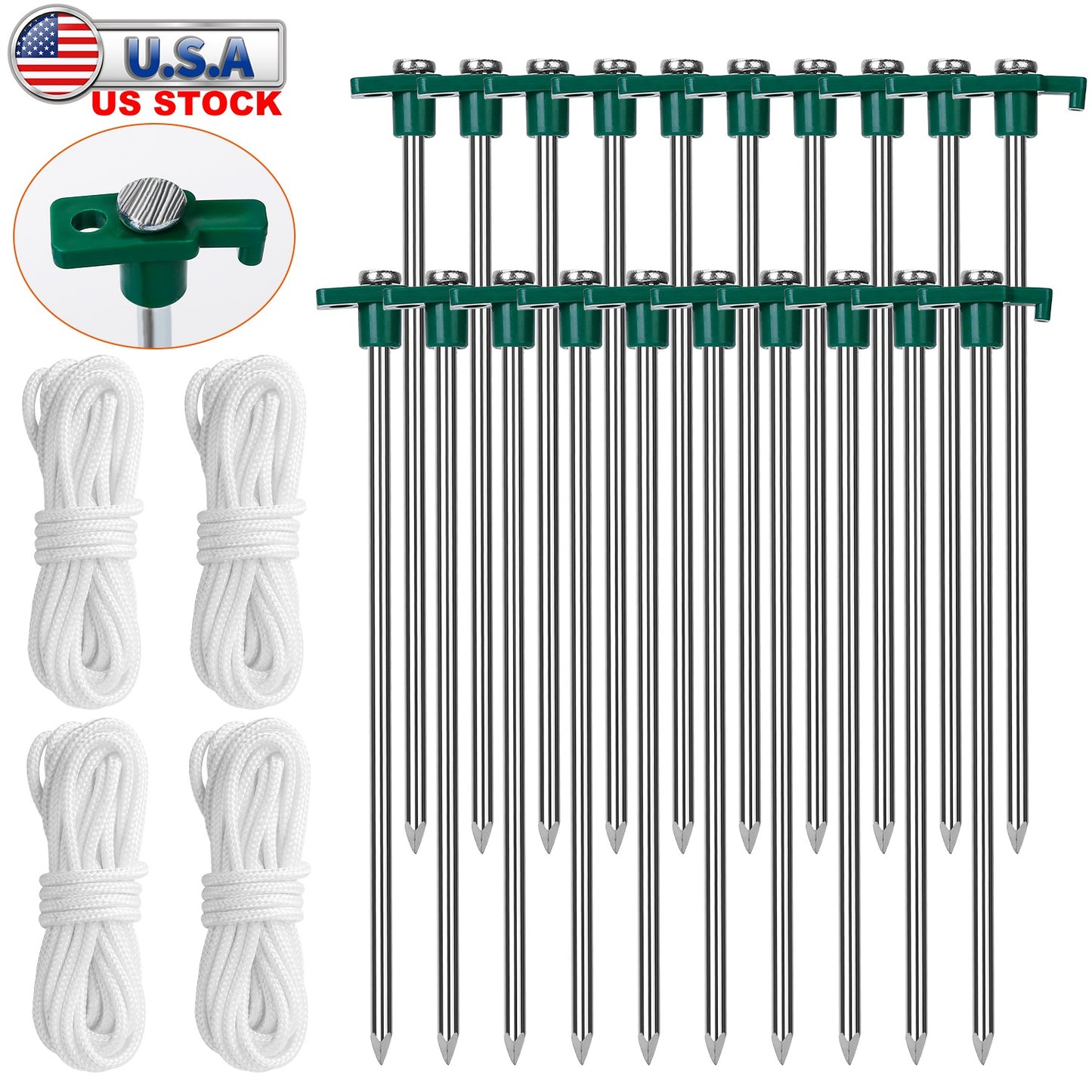 Tent Pegs Ropes Set 20Pcs 9.8in Heavy Duty Tent Stakes Nails Spike with 4x 9.8ft Nylon Ropes Tent Pop Up Canopy Stakes