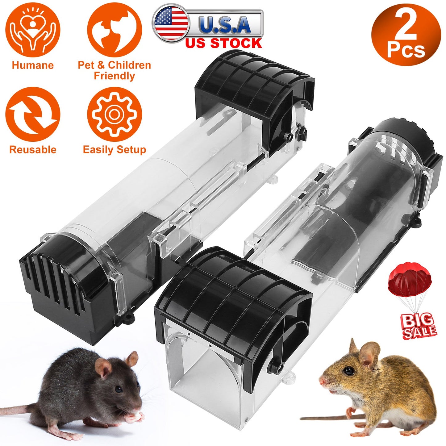 2Pcs Humane Live Mouse Trap Reusable Rat Rodent Trap Catch Release Cage Safe for Family Children Pets Easy Setup
