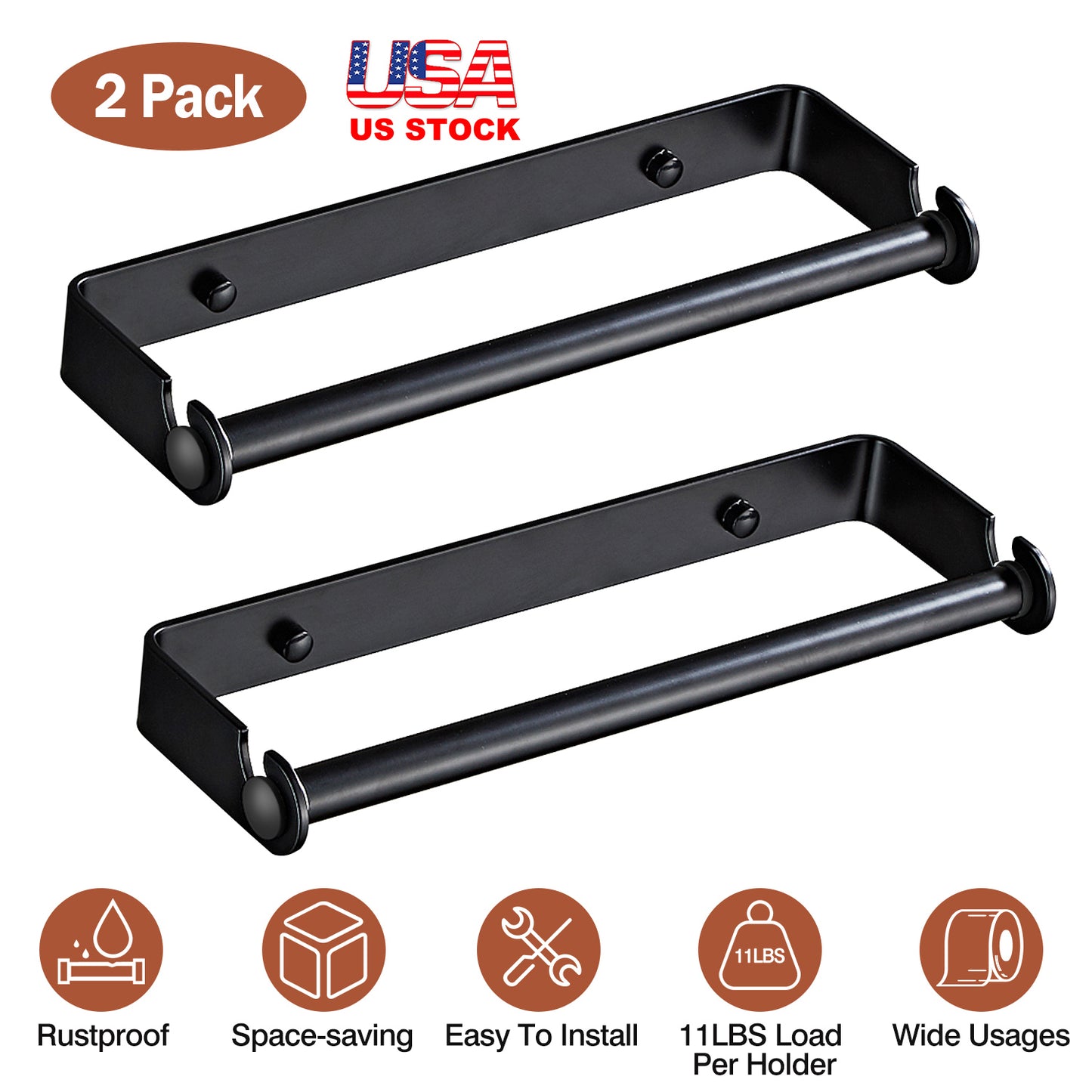 2 Pack Wall Mounted Paper Towel Holder Under Cabinet Paper Towel Rack for Bathroom Kitchen Pantry Sink Balcony Aluminum Toilet Paper Holder