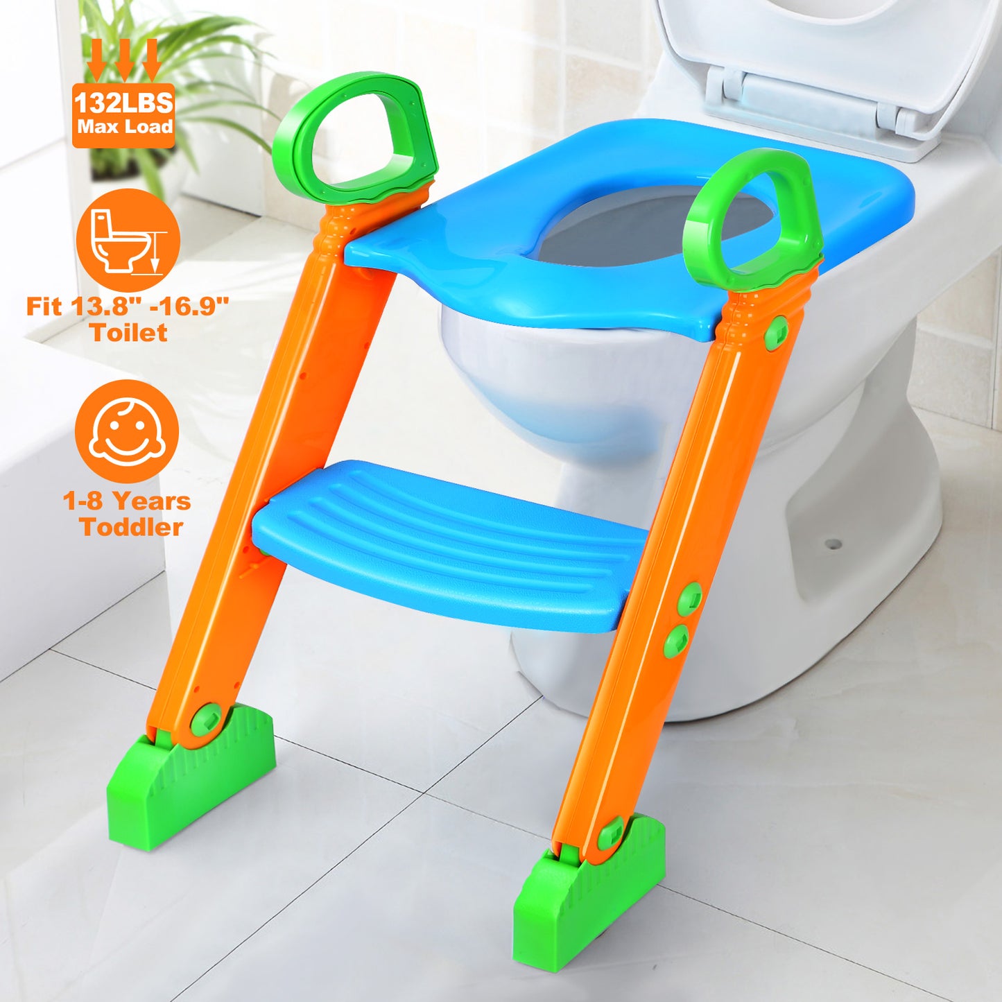 Potty Training Toilet Seat w/ Steps Stool Ladder For Children Baby Foldable Splash Guard Toilet Trainer Chair Anti-slip Feet Pedal Handle 132LBS Max L