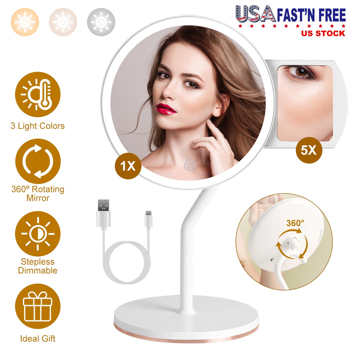 7.48In 5X Magnifying Lighted Makeup Mirror Dimmable Magnification Mirror With Lights Lighted Vanity Mirror with 3 Light Colors