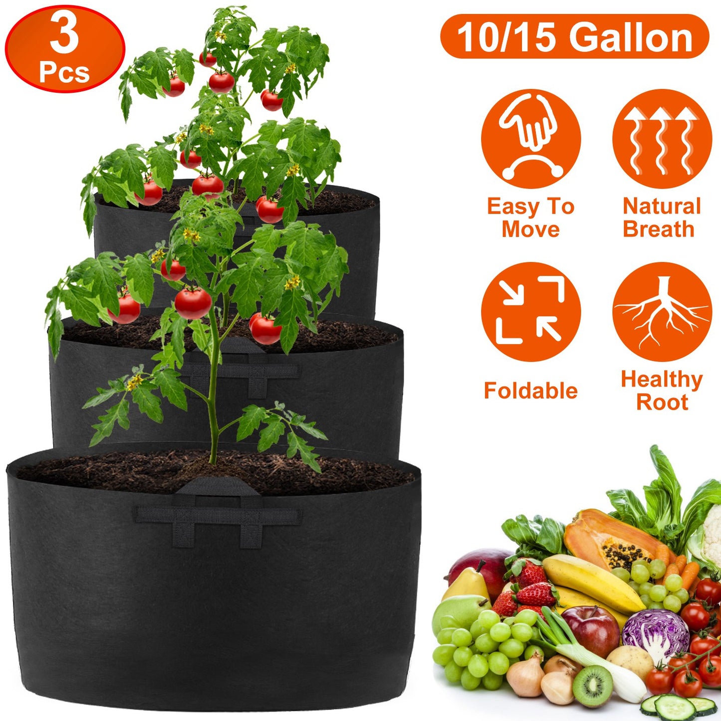 3 Pack Plant Grow Bags Potato Vegetable Planter Bags Breathable Planting Fabric Pots 10Gallons