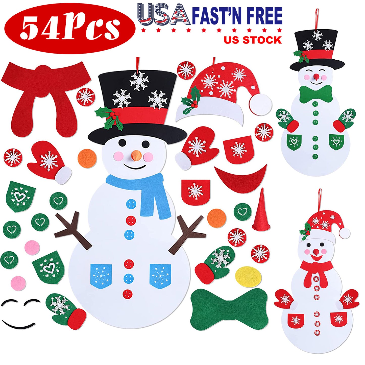Felt Christmas Snowman Set DIY Felt Christmas Hanging Decorations Kits with 54Pcs Detachable Ornaments Xmas Gift for Toddlers