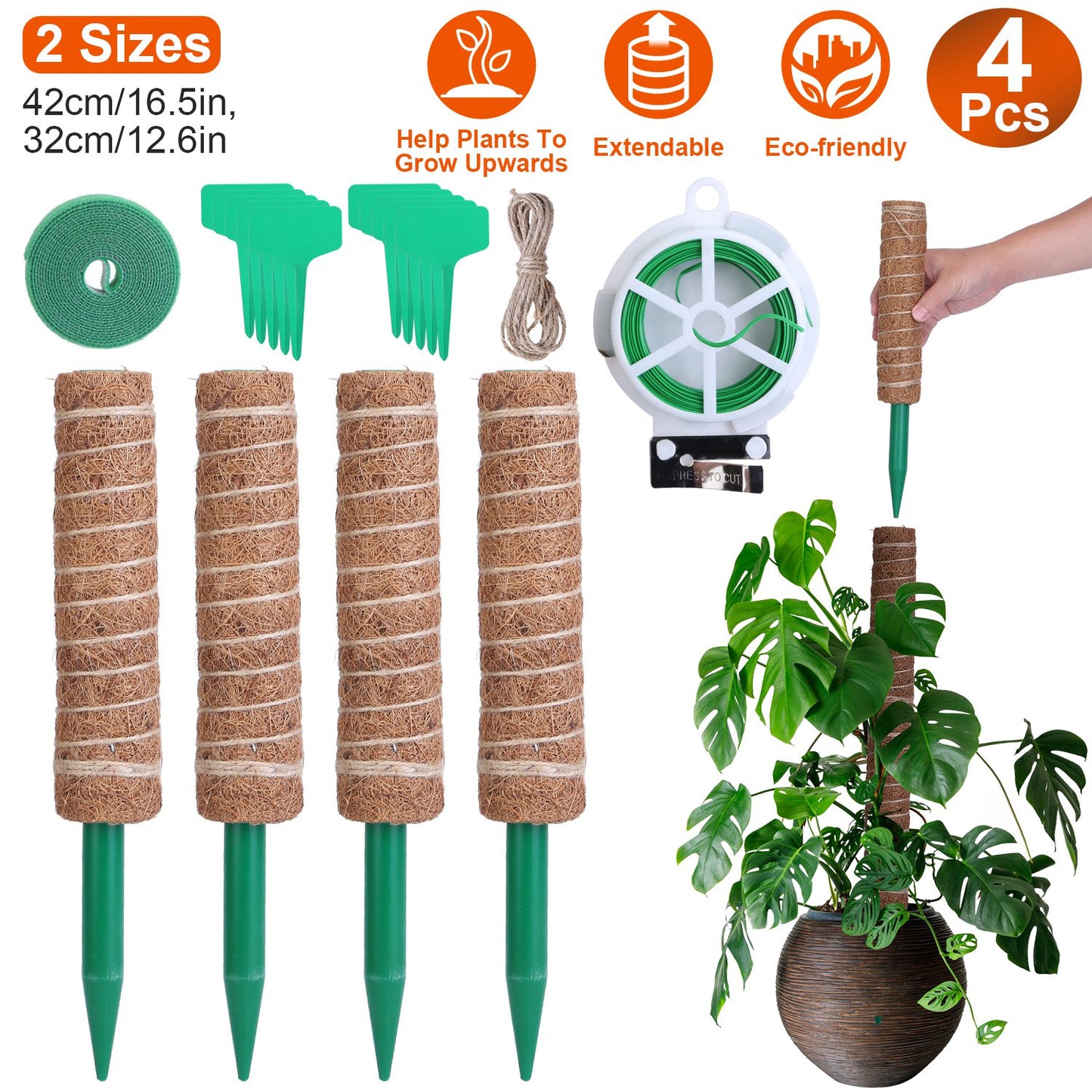 4Pcs Coco Coir Extendable Moss Pole for Climbing Plants Plant Support with 10 Labels 6.6Feet Jute Rope 6.6 Feet Fasten Strap 65.6 Feet Twist Tie Indoo