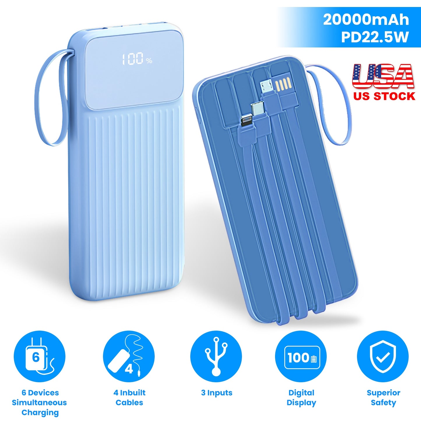 PD22.5W Fast Charger 20000mAh Fast Charging Power Bank Portable Charger with 4 Inbuilt Cables Digital Display Handle Fit For IOSPhone 15/14 Android An