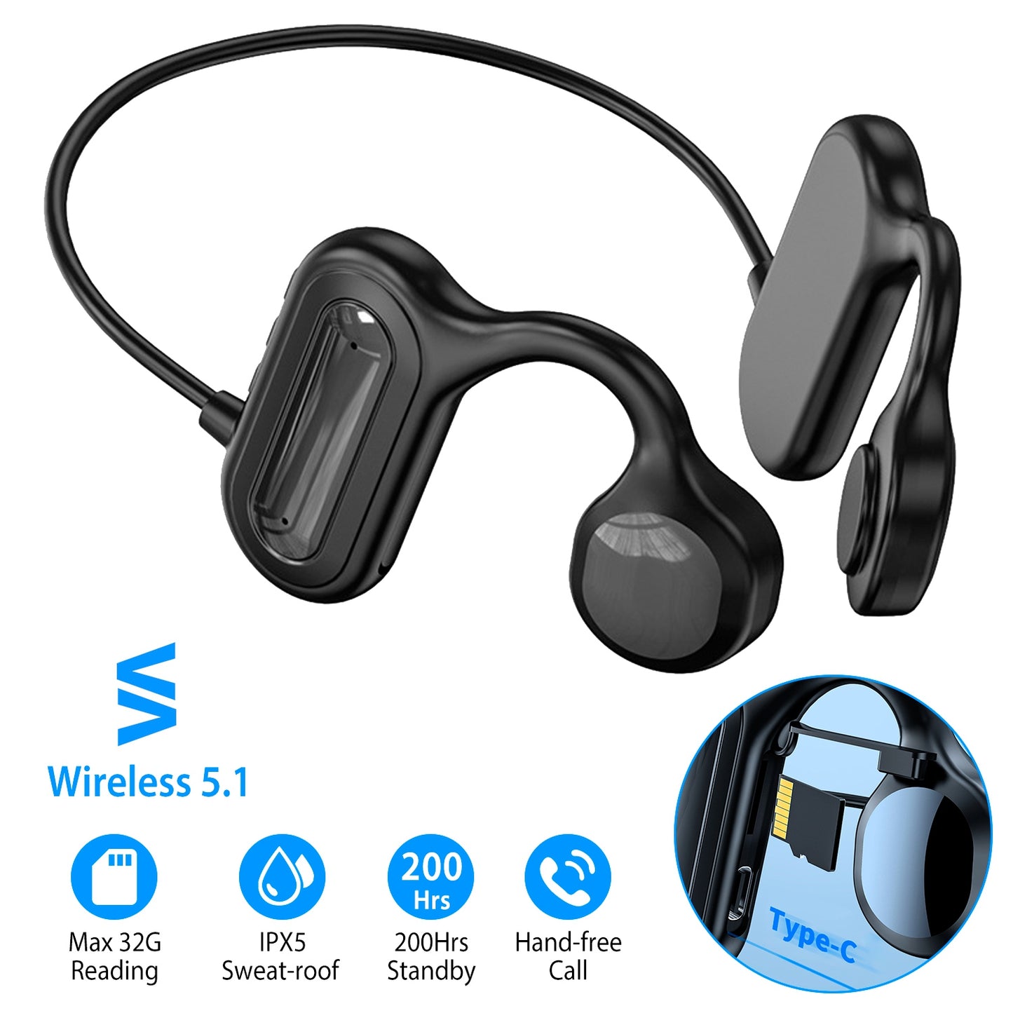 V5.1 Wireless Bone Conduction Headphone Open Ear Sports Wireless Headset w/ Mic IPX5 Sweatproof MMC Card Support