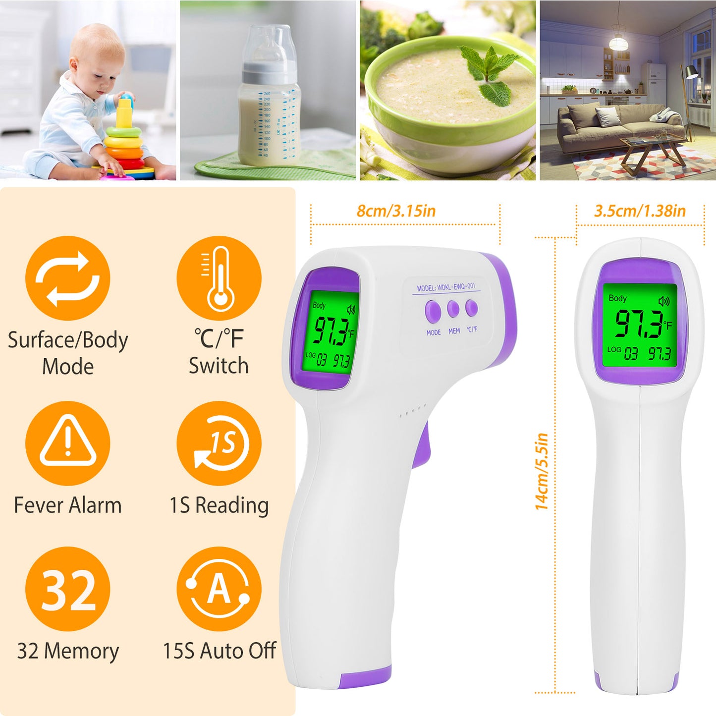 Digital Infrared Thermometer Non-contact Forehead Body Thermometer Surface Room Instant Accurate Reading w/ 32 Memories