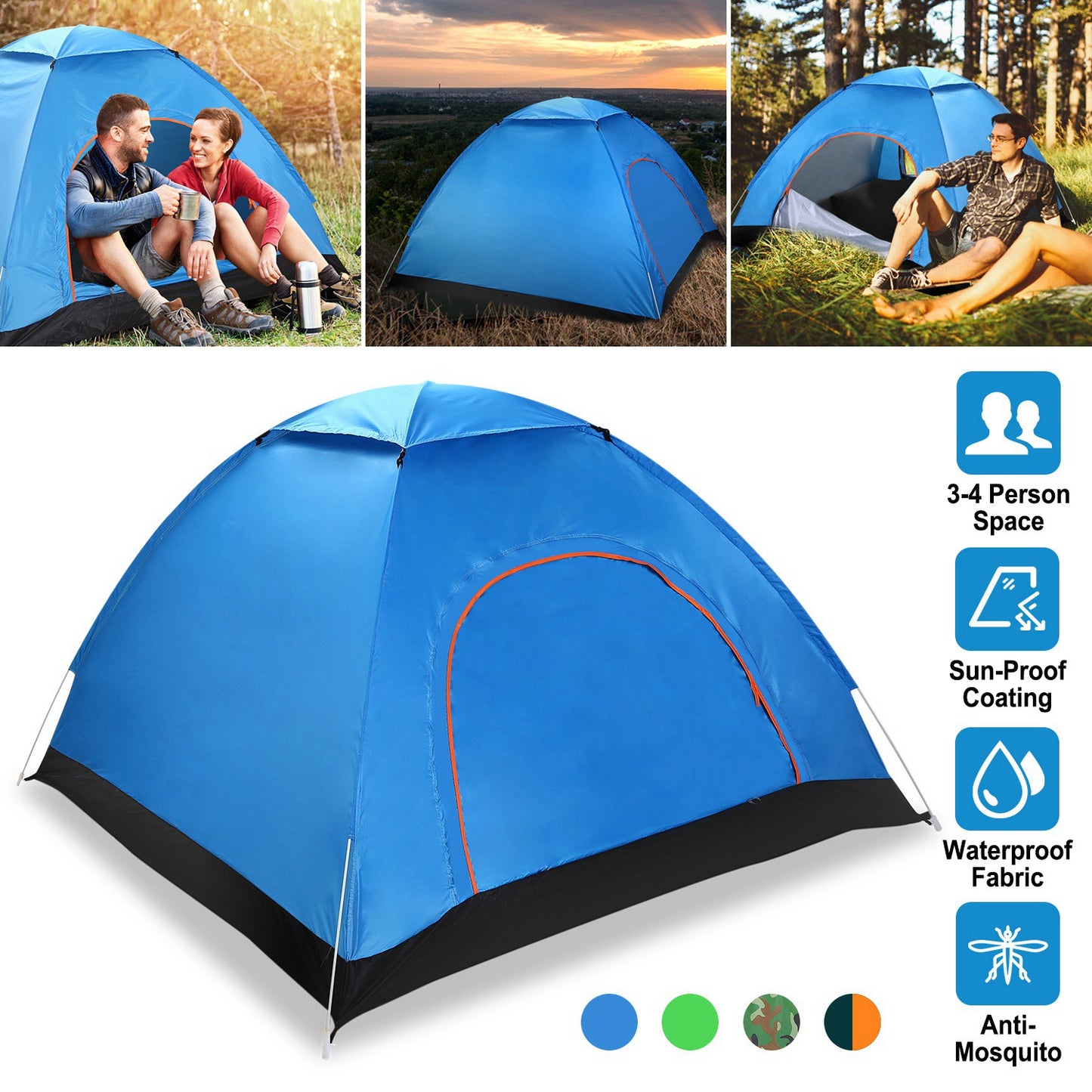 4 Persons Camping Waterproof Tent Pop Up Tent Instant Setup Tent w/2 Mosquito Net Doors Carrying Bag Folding 4 Seasons for Hiking Climbing Adventure F