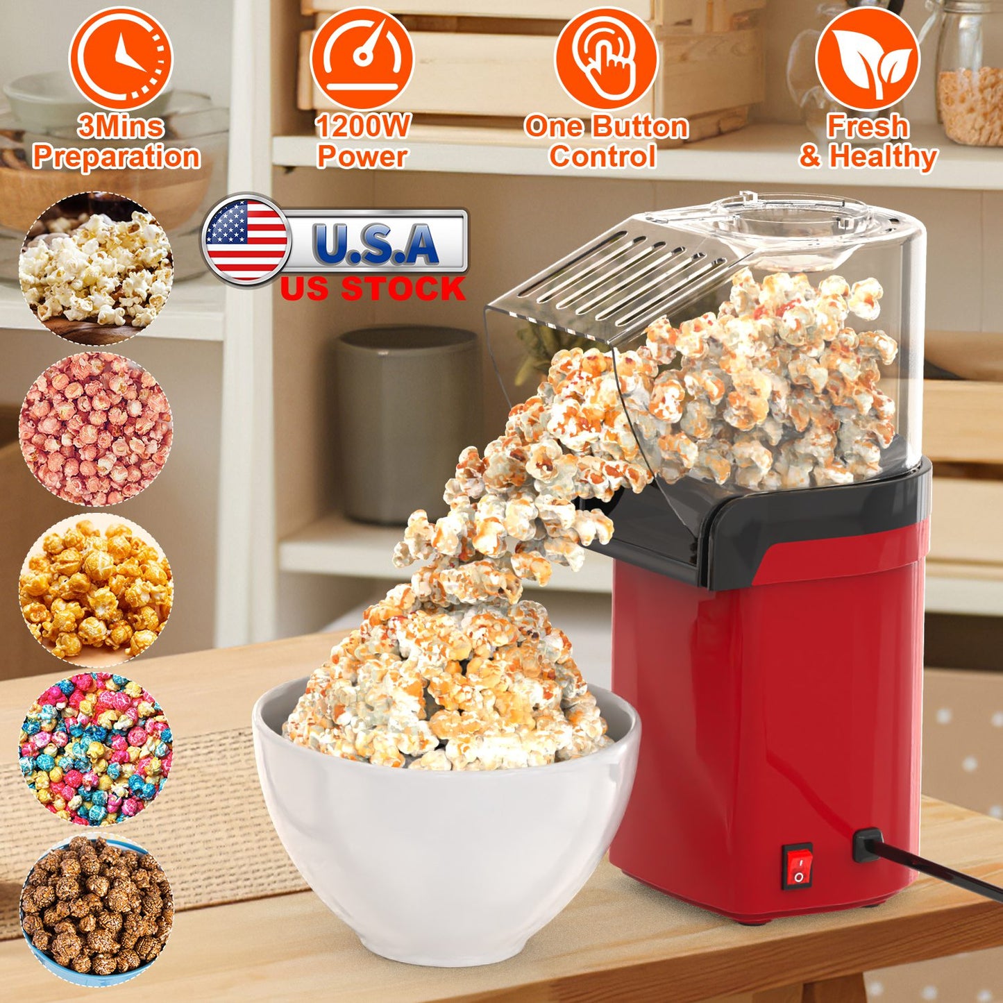 Hot Air Popcorn Popper Maker with Measure Cup And Butter Warmer 1200W Oil-Free Easy To Use 8Cups Mini Popcorn Maker Machine for Home