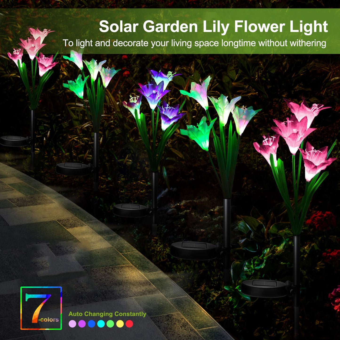 2Pcs Solar Garden Lights Outdoor Lily Flower LED Light 7-Color Changing IP65 Waterproof Pathway Stake Lights Patio Decorative for Garden Patio Yard Wa
