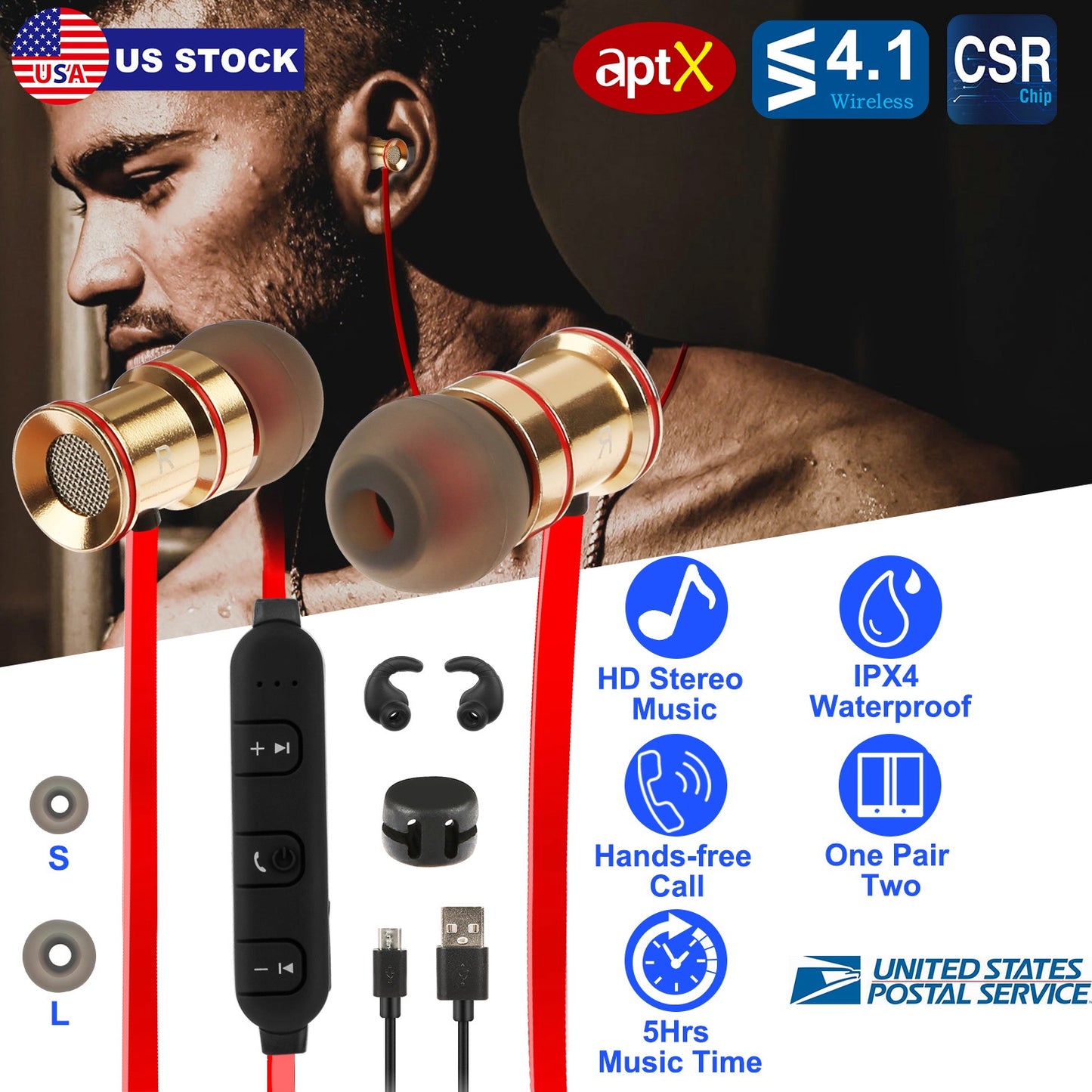 Sport Headsets Wireless V4.1 In-Ear Stereo Headphones Sweat-proof Running Earphones w/Mic Hands-free