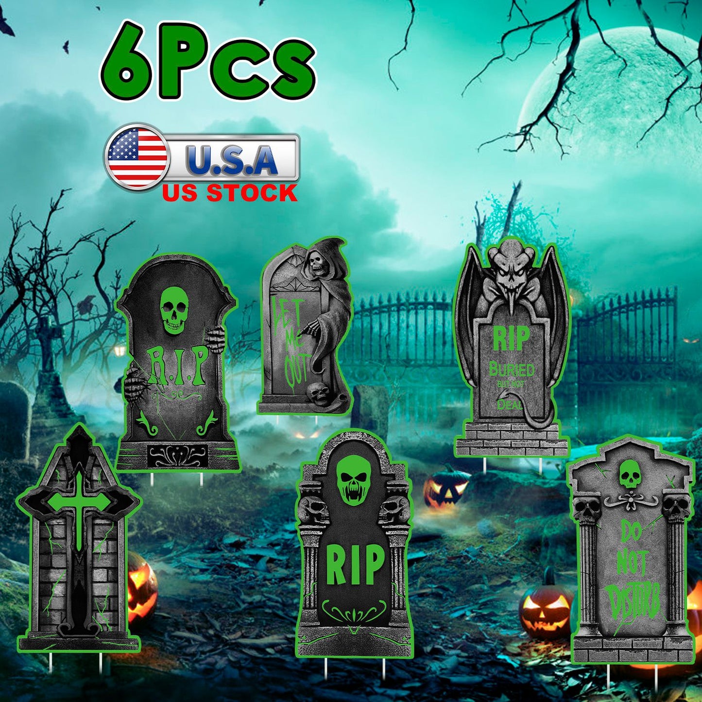 Halloween Tombstone Yard Sign Decorations 6Pcs Glow in the Dark Halloween RIP Tombstone Fluorescence Lawn Sign with 12 Stakes for Haunted House Garden