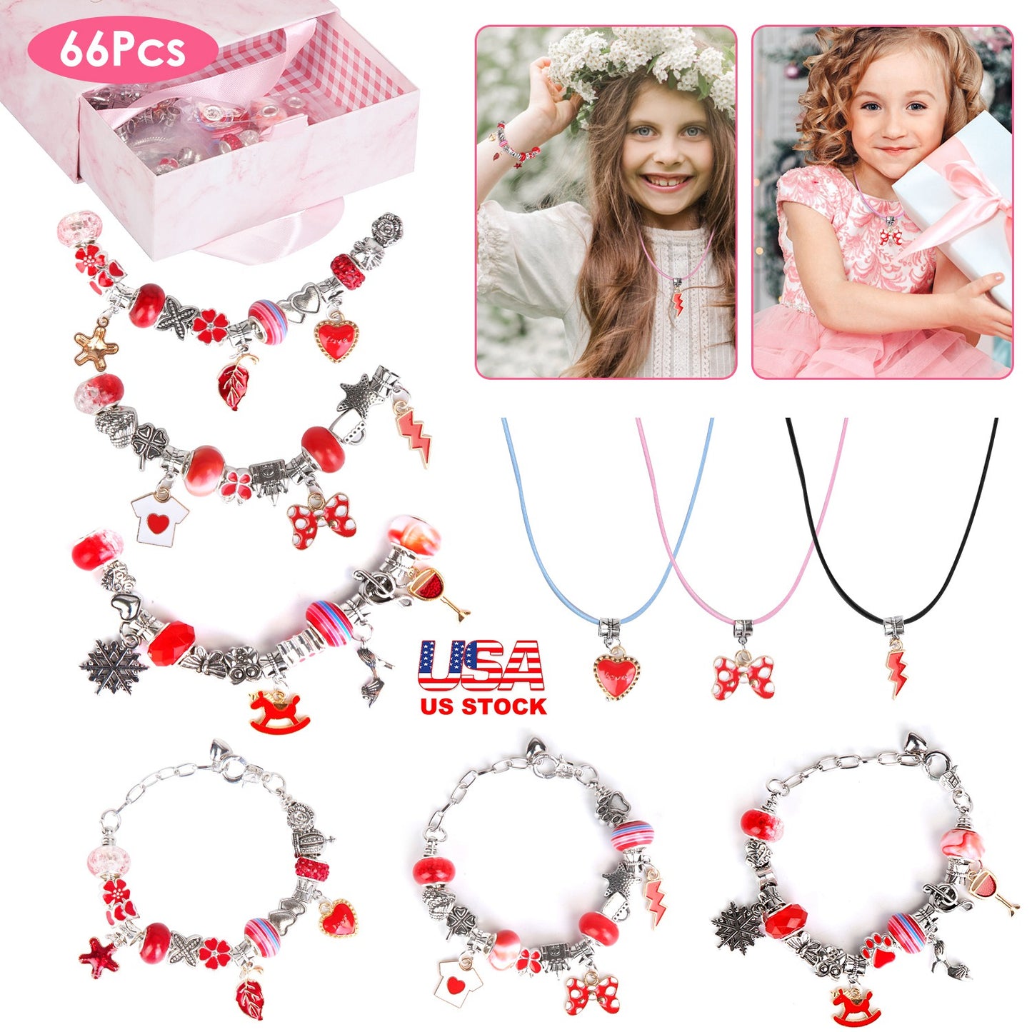 66Pcs Charm Bracelet Making Kit Kids\' Jewelry Necklace Making Kits Colorful DIY Charm Beads Pendant SetÊJewelry Decor Supplies with Gift Box for 5-12