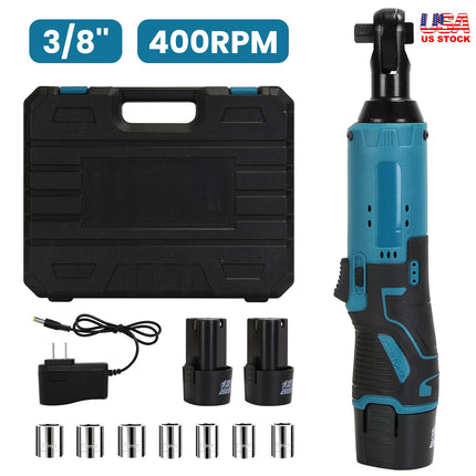 3/8” Cordless Electric Ratchet Wrench Set Right Angle Wrench with 2Pcs 1200mAh Batteries and Charger 7 Sockets 400RPM