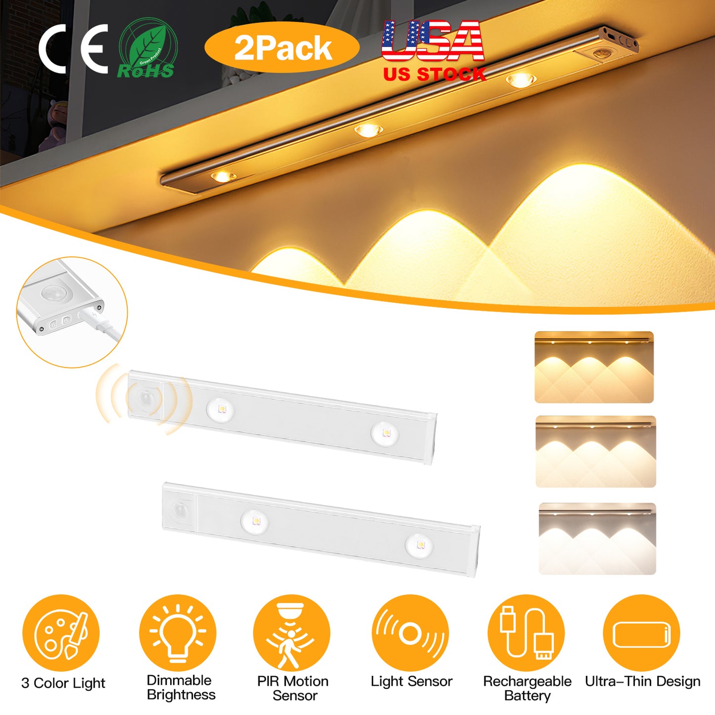 2Pack Rechargeable Cabinet Light Motion Sensor Light Cordless LED Closet Lamp 3 Colors Dimmable Light for Kitchen Cabinet