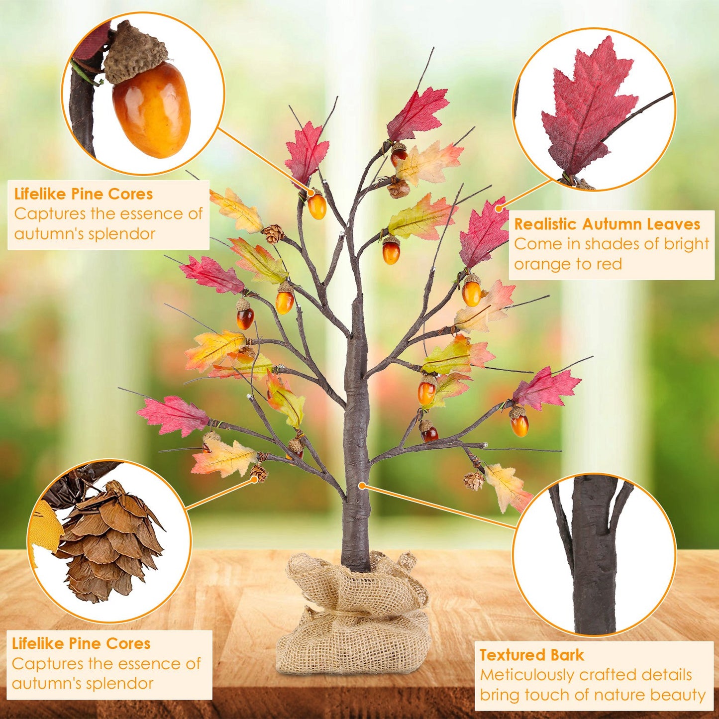 2Pcs 2FT Artificial Lighted Maple Tree With 24Pcs Warm White LED Beads 6Hrs Timer Battery Powered Artificial Fall Tree Tabletop Indoor Outdoor Fall De