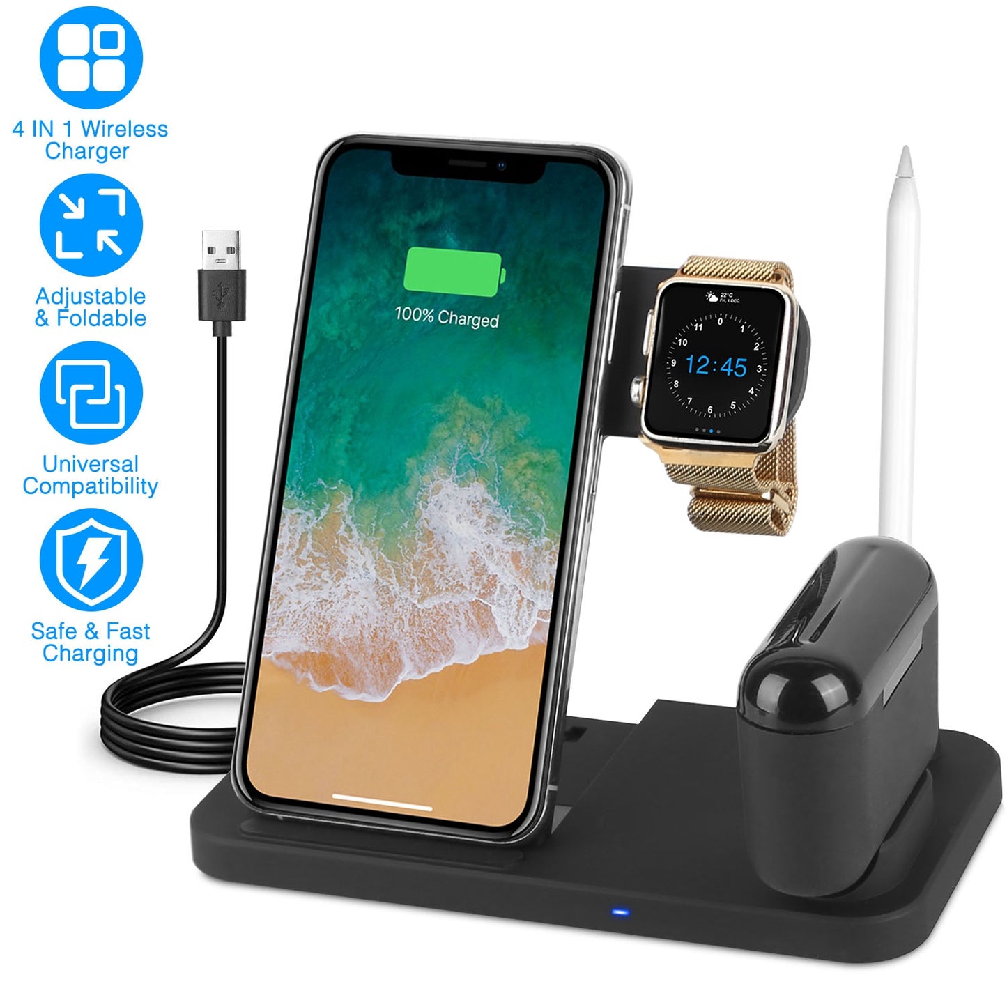 4 In 1 Wireless Charger Foldable Fast Charging Station Stand Dock Fit for iWatch Apple Pencil Airpod 1/2/3/Pro iPhone 13 12 11 Pro Samsung S22 S21 Qi-