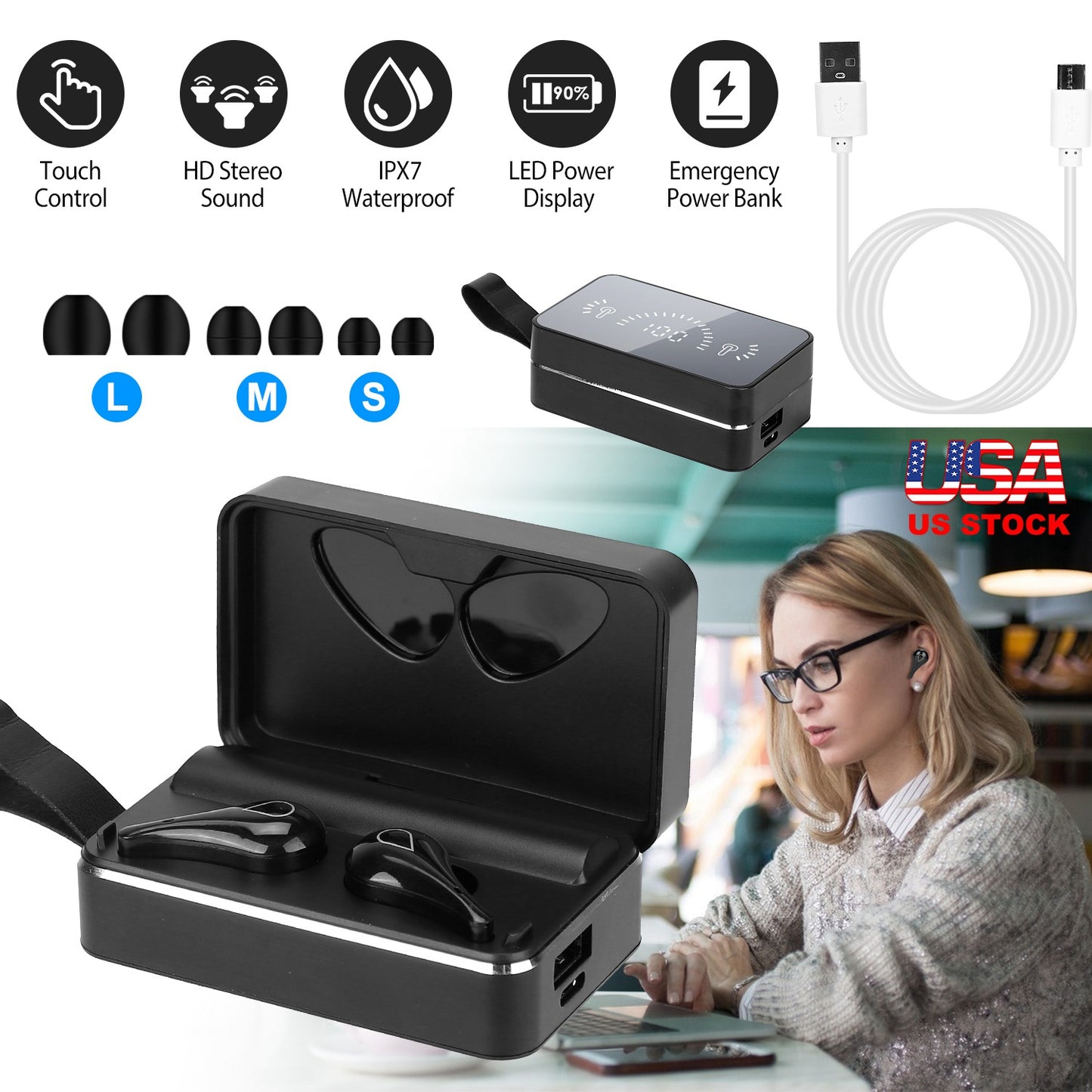 True Wireless V5.0 Earbuds IPX7 Waterproof Touch Control In-Ear Stereo Headsets TWS Noise Canceling Earbuds w/ LED Display Magnetic Charging Dock