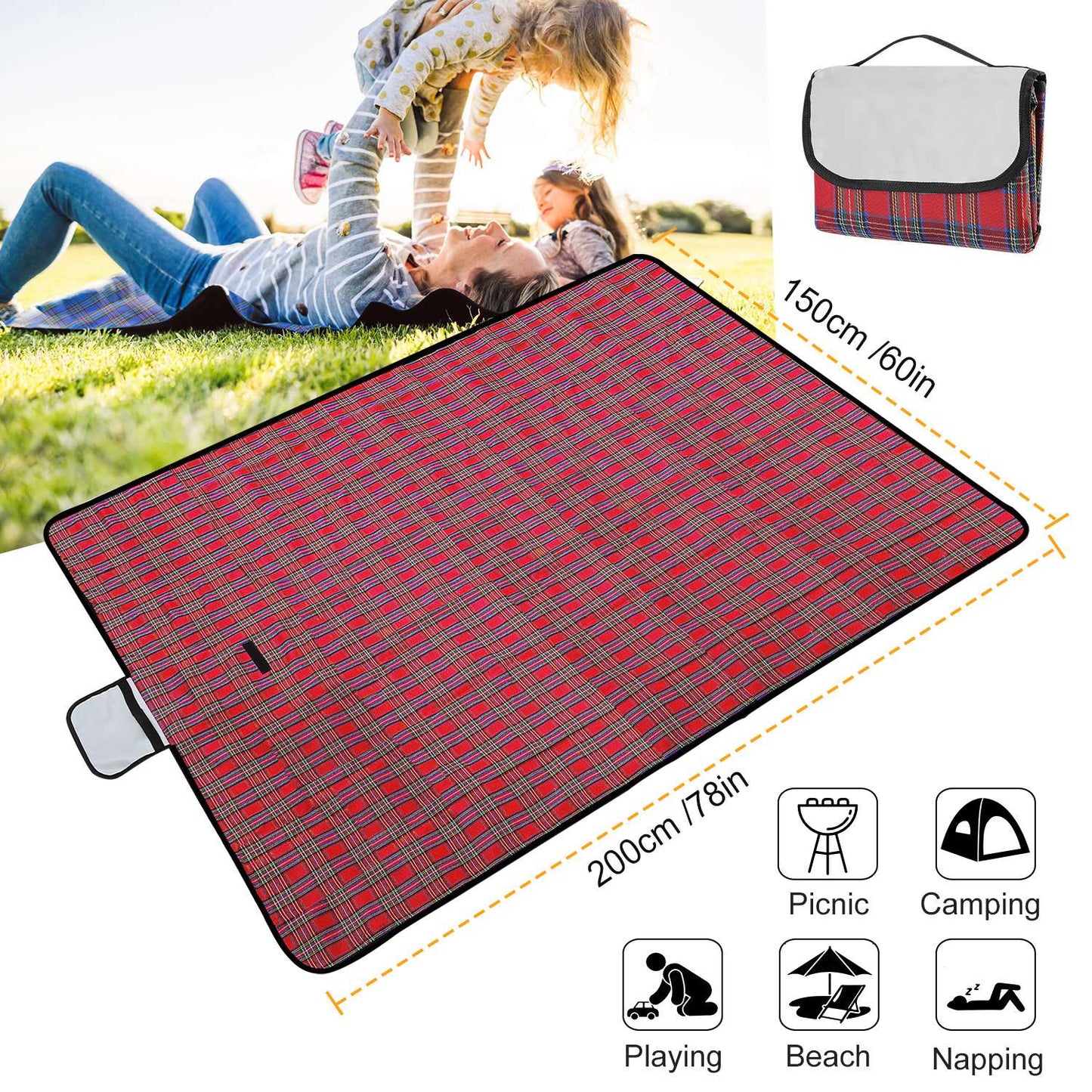 60" x 78" Waterproof Picnic Blanket Handy Mat with Strap Foldable Camping Rug for Camping Hiking Grass Travelling