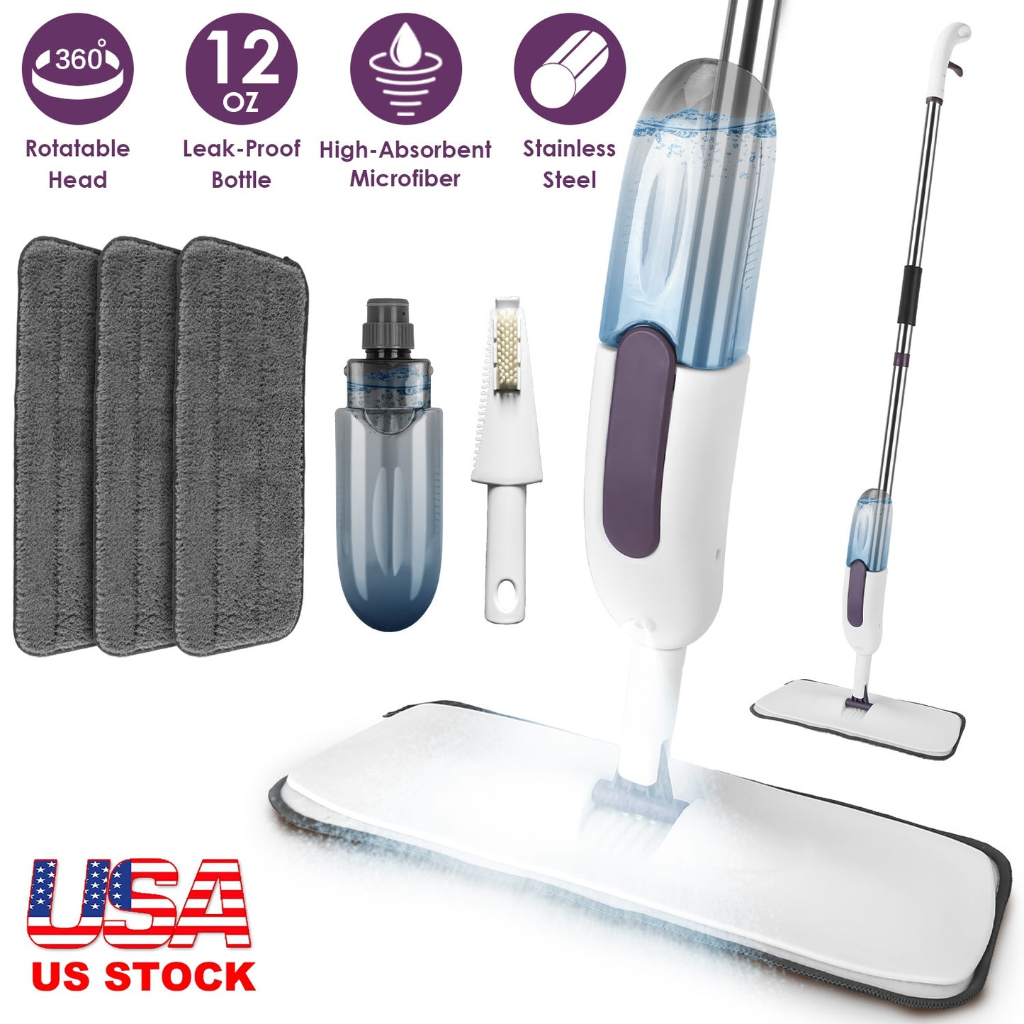 Spray Mop With 3 Machine Washable Microfiber Pads 12OZ Refillable Water Bottle Wet Dry Use Microfiber Mop For Hardwood Ceramic Tiles Laminate Floor Cl