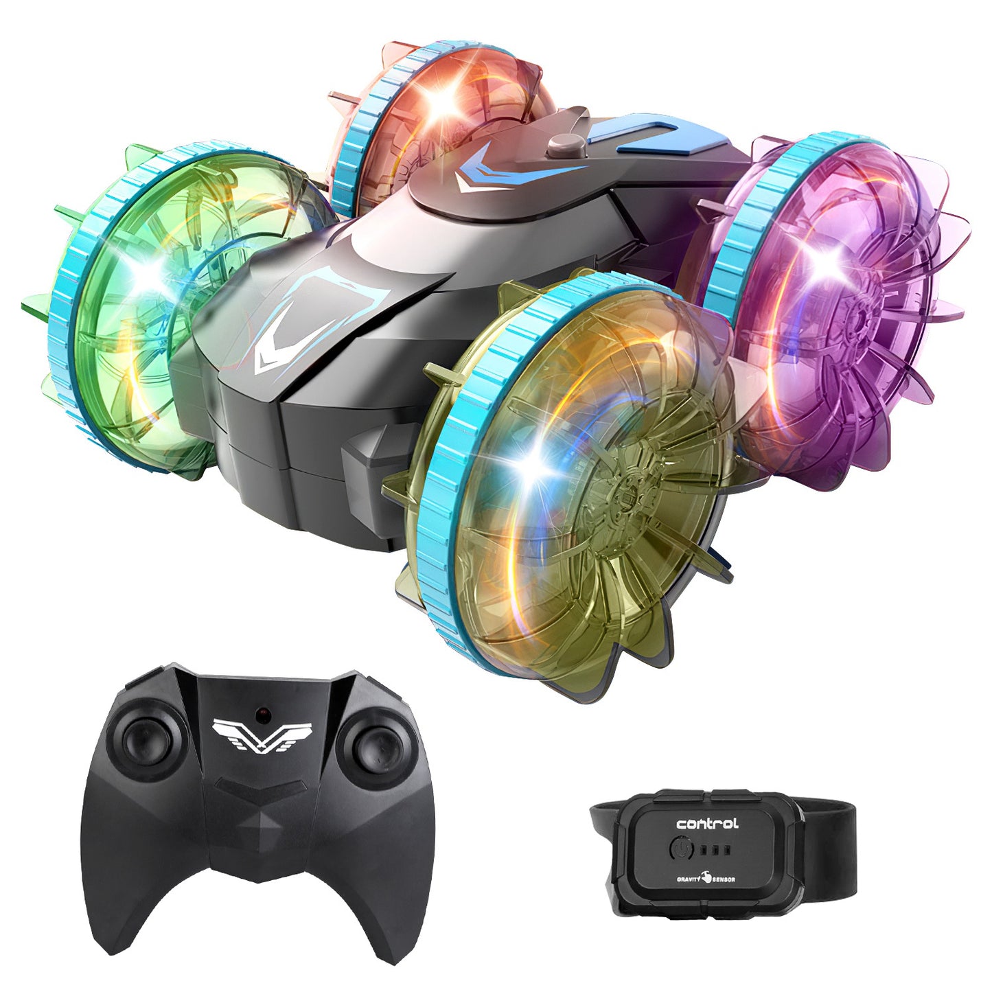 2 In 1 Amphibious RC Car Waterproof Stunt Car with Wrist Controller 4WD 360¡ Rotating Gesture Car with RGB Lights for Kids Aged 6+ Years Old Double-si