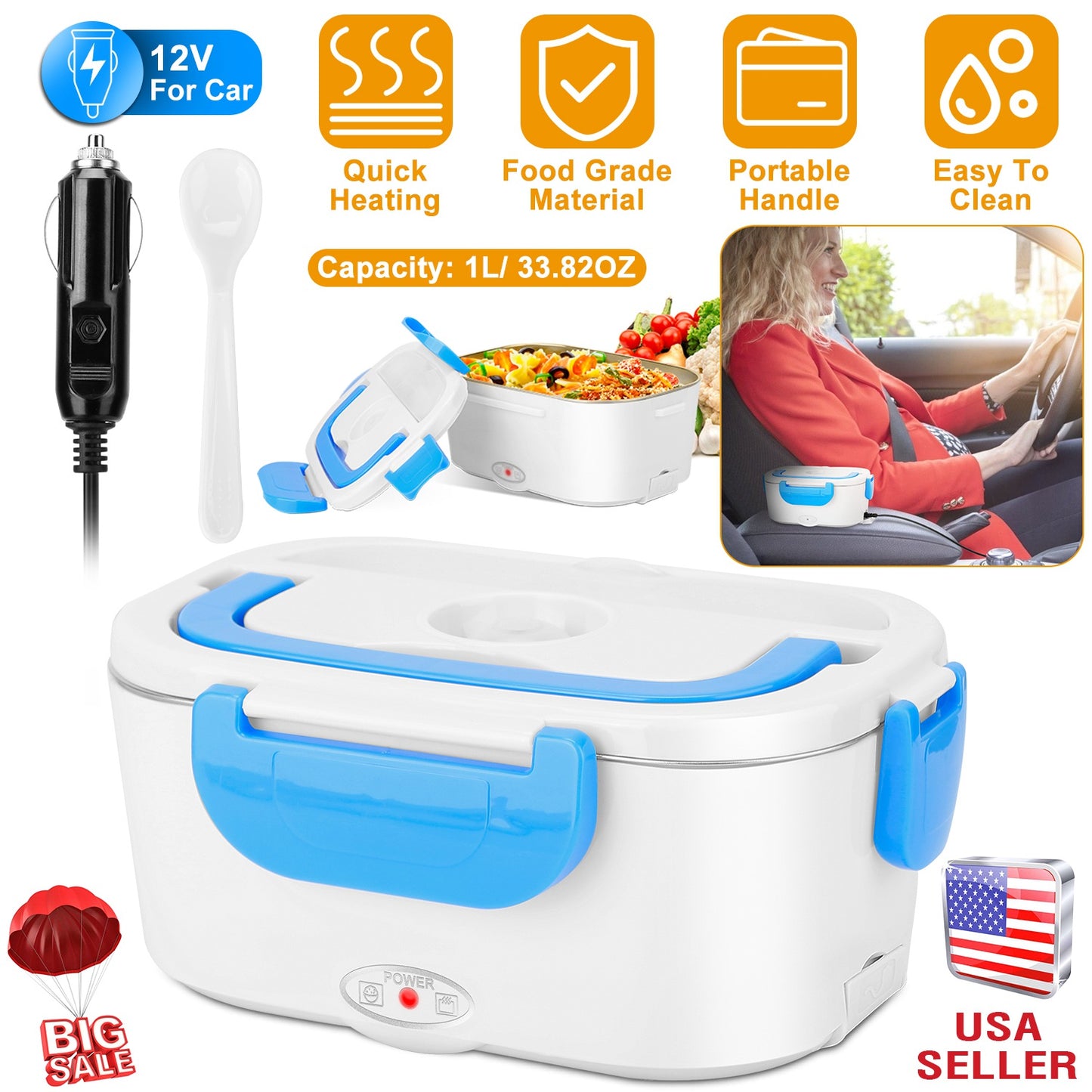 Electric Heating Lunch Box Food Heater Container Travel Thermal Bento Box Portable Food Warmer w/ 2 Removable Compartments 1 Free SpoonÊ1L