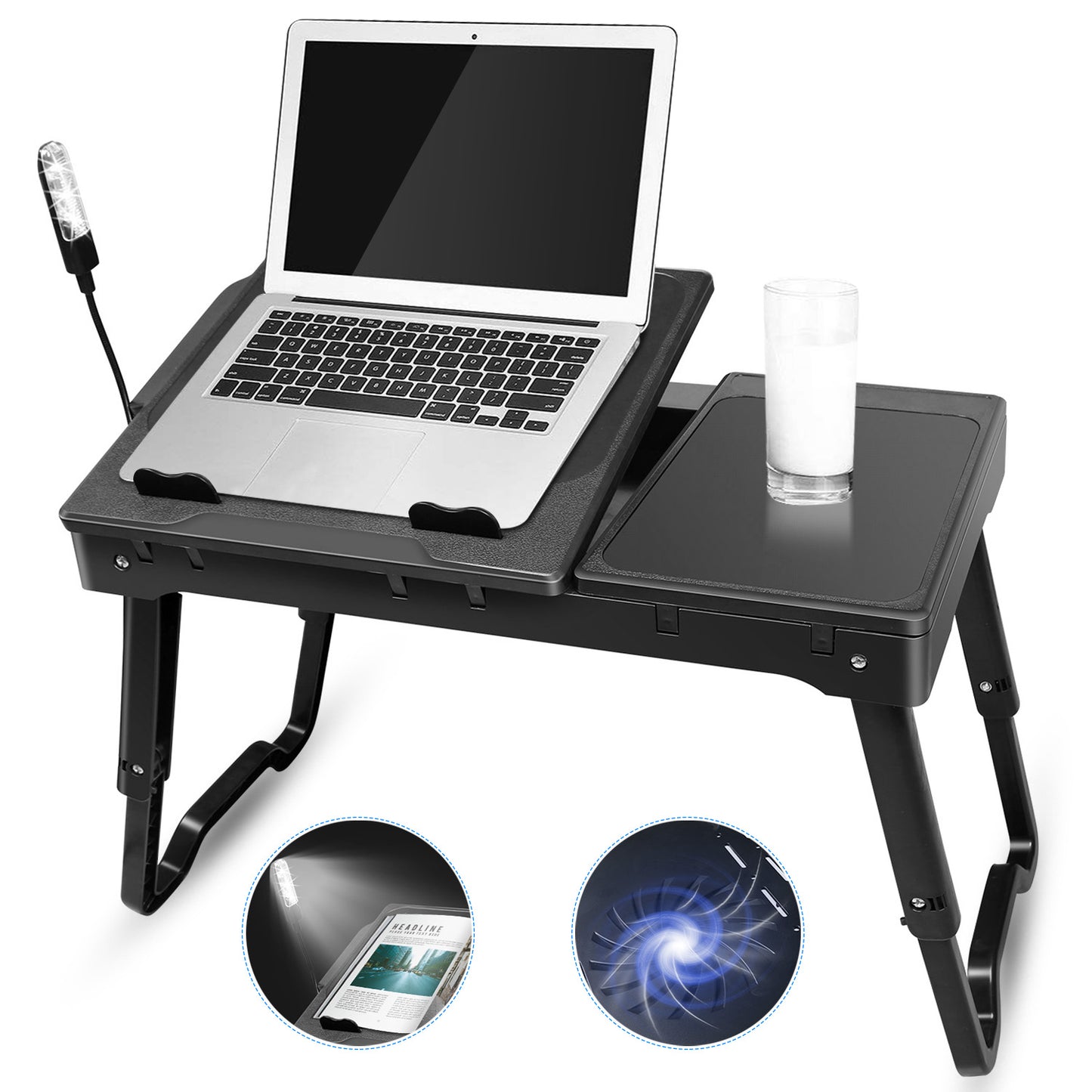 Foldable Laptop Table Bed Notebook Desk w/Cooling Fan Mouse Board LED light 4 x USB Ports Breakfast Snacking Tray with Storage Groove For Home Office