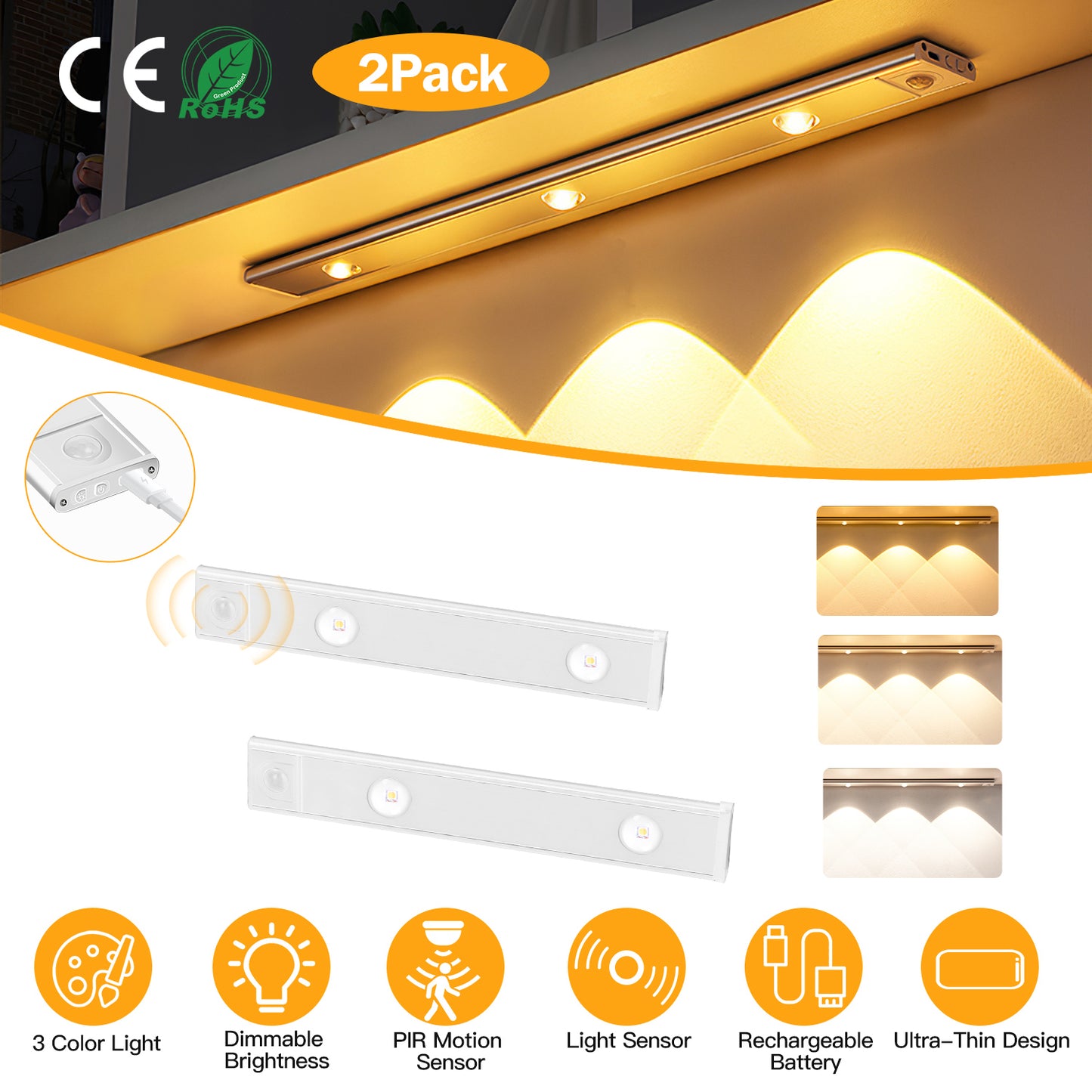 2Pack Rechargeable Cabinet Light Motion Sensor Light Cordless LED Closet Lamp 3 Colors Dimmable Light for Kitchen Cabinet