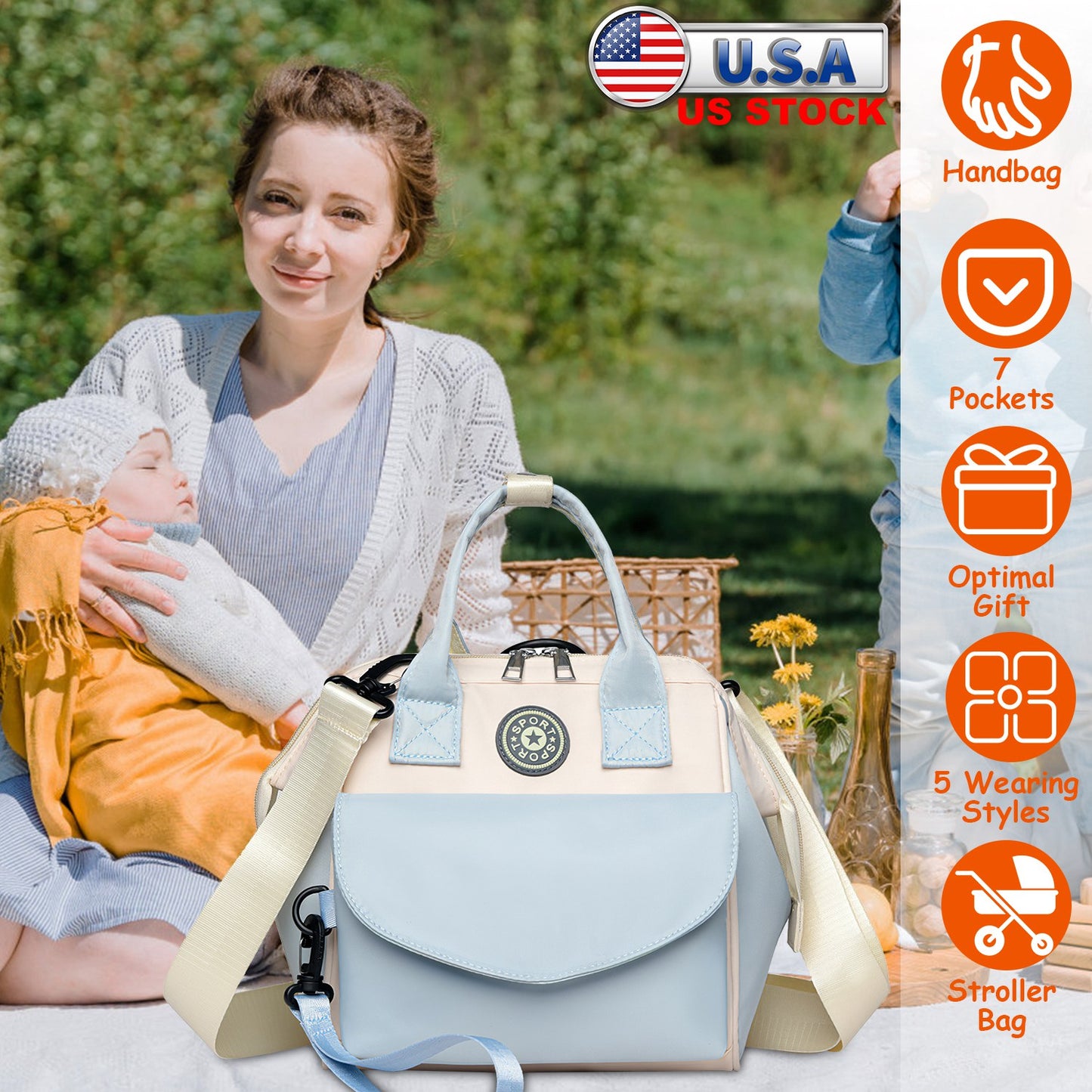 Baby Nappy Diaper Bag with 6 Pockets Burp Cloth Adjustable Shoulder Strap Detachable Small Bag Multifunctional Diaper Changing Bag with 2 Insulated Po