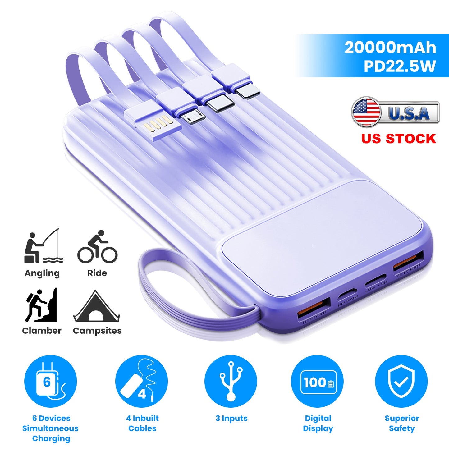 PD22.5W Fast Charger 20000mAh Fast Charging Power Bank Portable Charger with 4 Inbuilt Cables Digital Display Handle Fit For IOSPhone 15/14 Android An