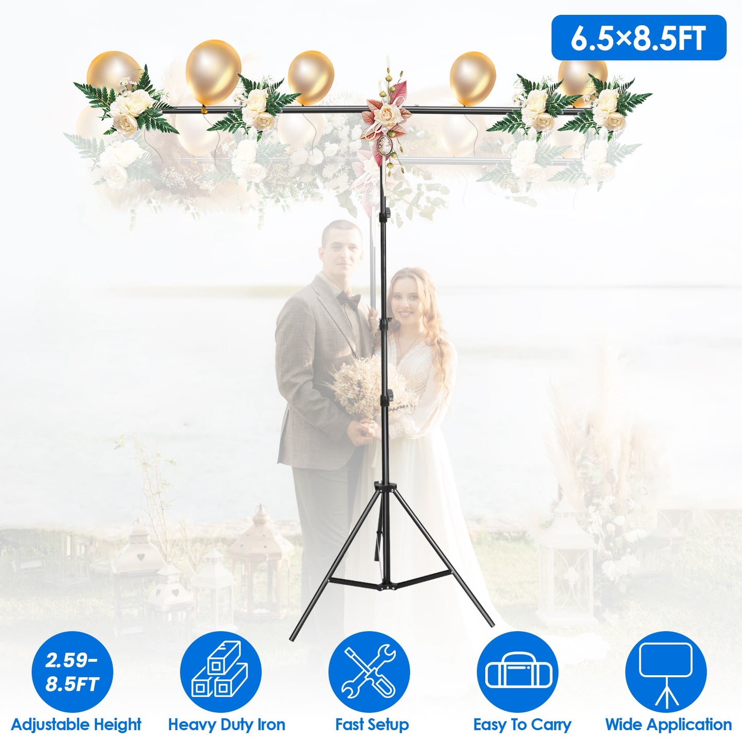 6.5 8.5FT T-Shape Photo Video Backdrop Stand Heavy Duty Background Stand Adjustable Photography Backdrop Stand with 6 Spring Clamps Sandbag Carry Bag