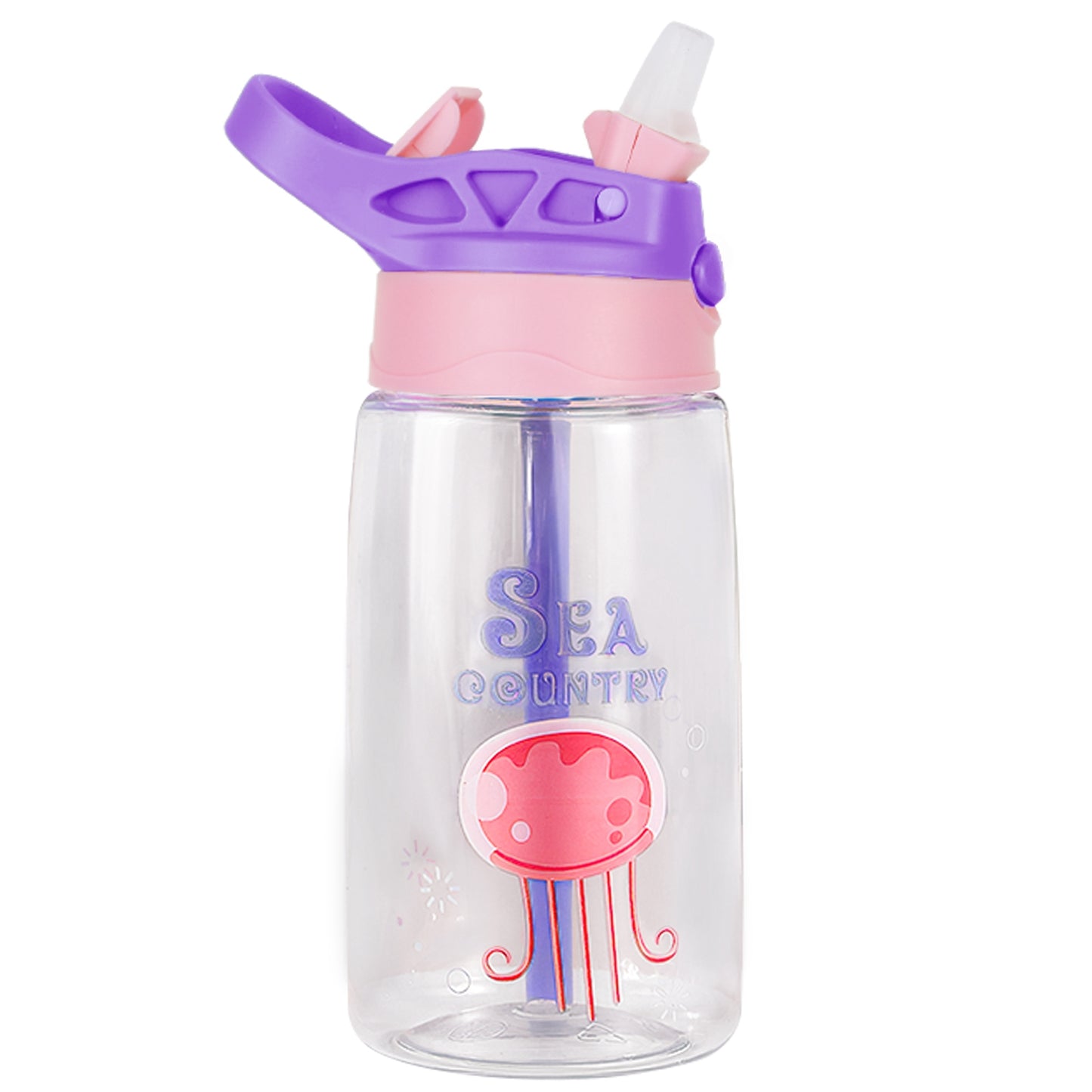 16.2Oz Leak-proof Kids Water Bottle with Straw Push Button Sport Water Bottle for Kids Crab Ship Jellyfish Rocket