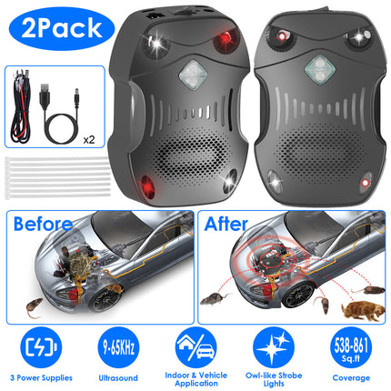 2 Pack Under Hood Ultrasonic Rodent Repeller Rodent Control Deterrent Chaser Blocker for Vehicle Indoor with Strobe Light 3 Power Supplies