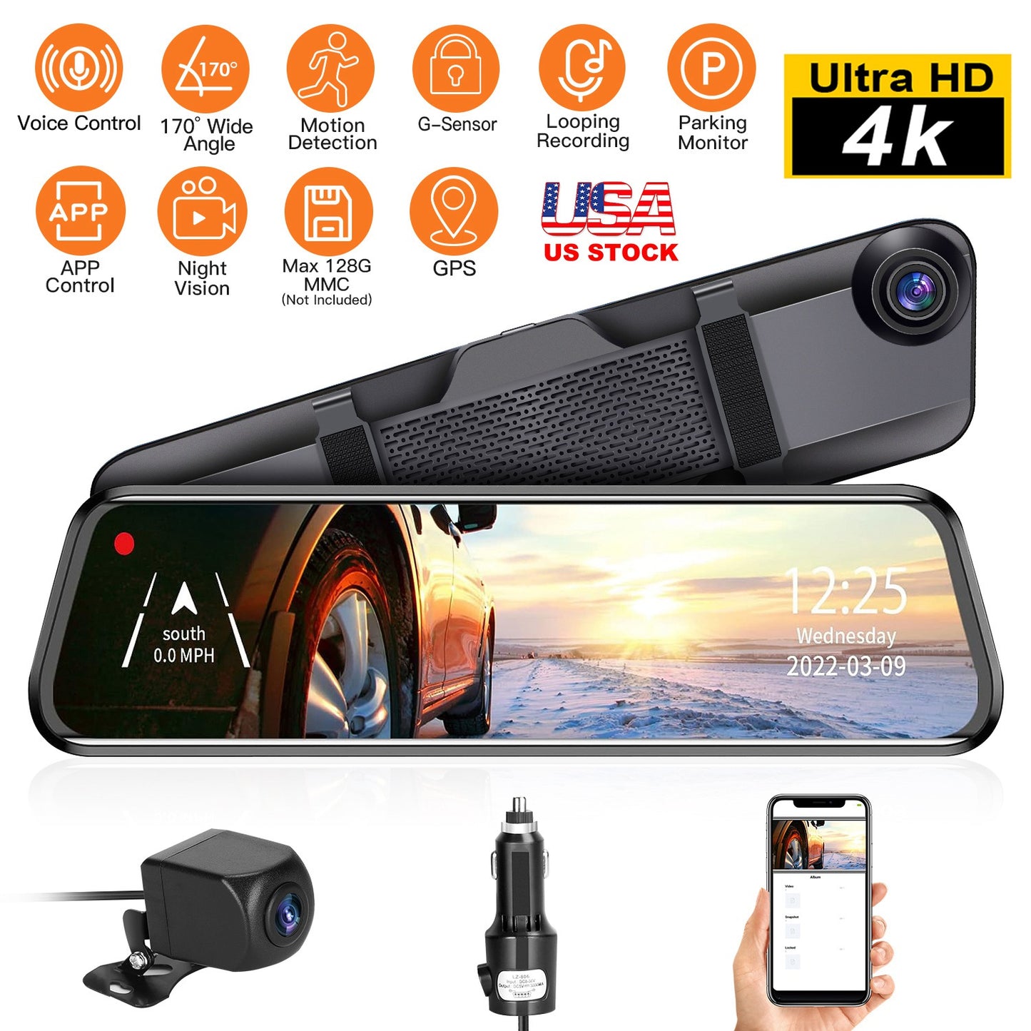 4K Car DVR 12in Dash Cam Camcorder Camera Recorder with 170¡ Angle Loop Recording Motion Detection Night Vision Voice Control APP Control G-sensor