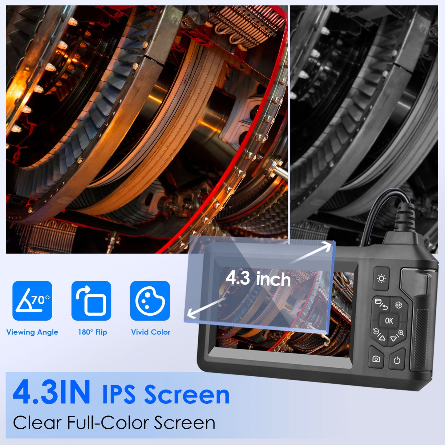 1080P Endoscope Camera with 8 LED Light 8mm Borescope Inspection Camera 4.3Ó Colorful Screen IP67 Waterproof 16.4FT Semi-Rigid Cord Handheld Snake Cam