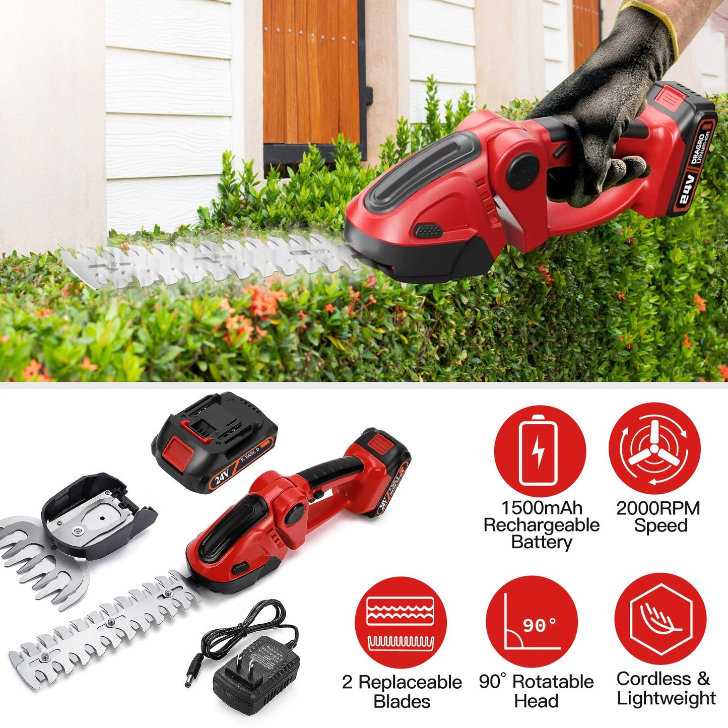 24V Cordless Handheld Grass Shear Hedge Trimmer with 90¡ Cutting Angle 2Pcs Replaceable Blades Electric Shrub Trimmer Hedge Cutter with Detachable Bat