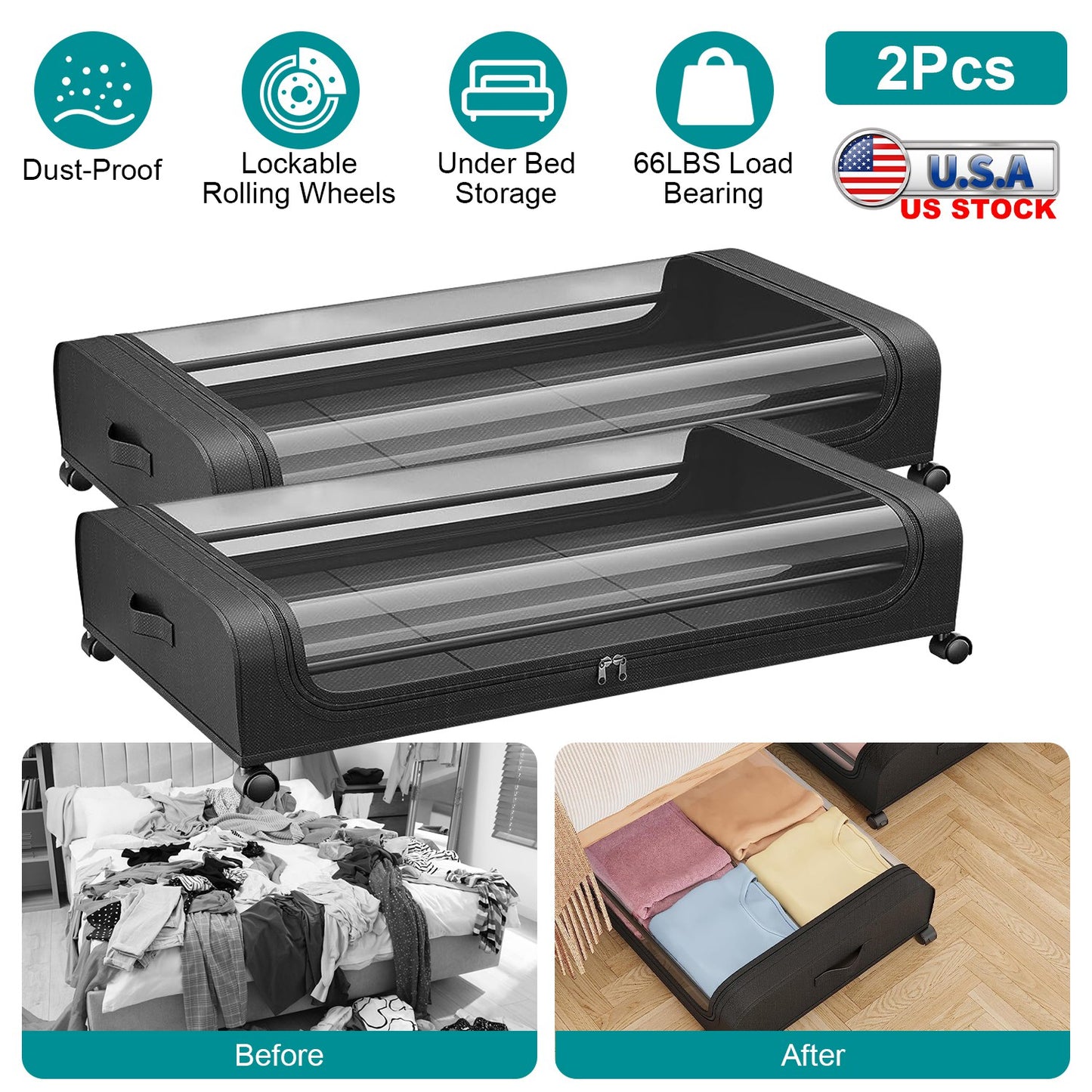 2Packs Under Bed Storage Containers Rolling Clothing Organizer 42L/11Gal Under BedÊDrawers with Clear Lid 360¡ Lockable Rolling Wheels Strap Handles