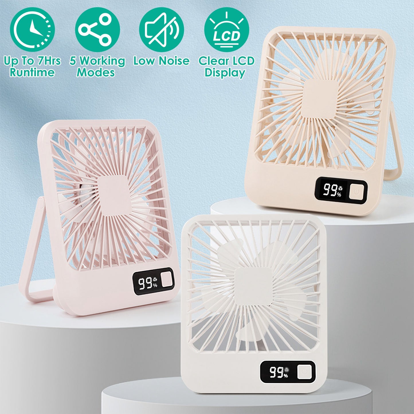 Mini Desktop Cooling Fan Rechargeable Battery Powered Personal Fan Speed Adjustment Strong Airflow Quiet Travel Fan with LCD Display for Home Office T