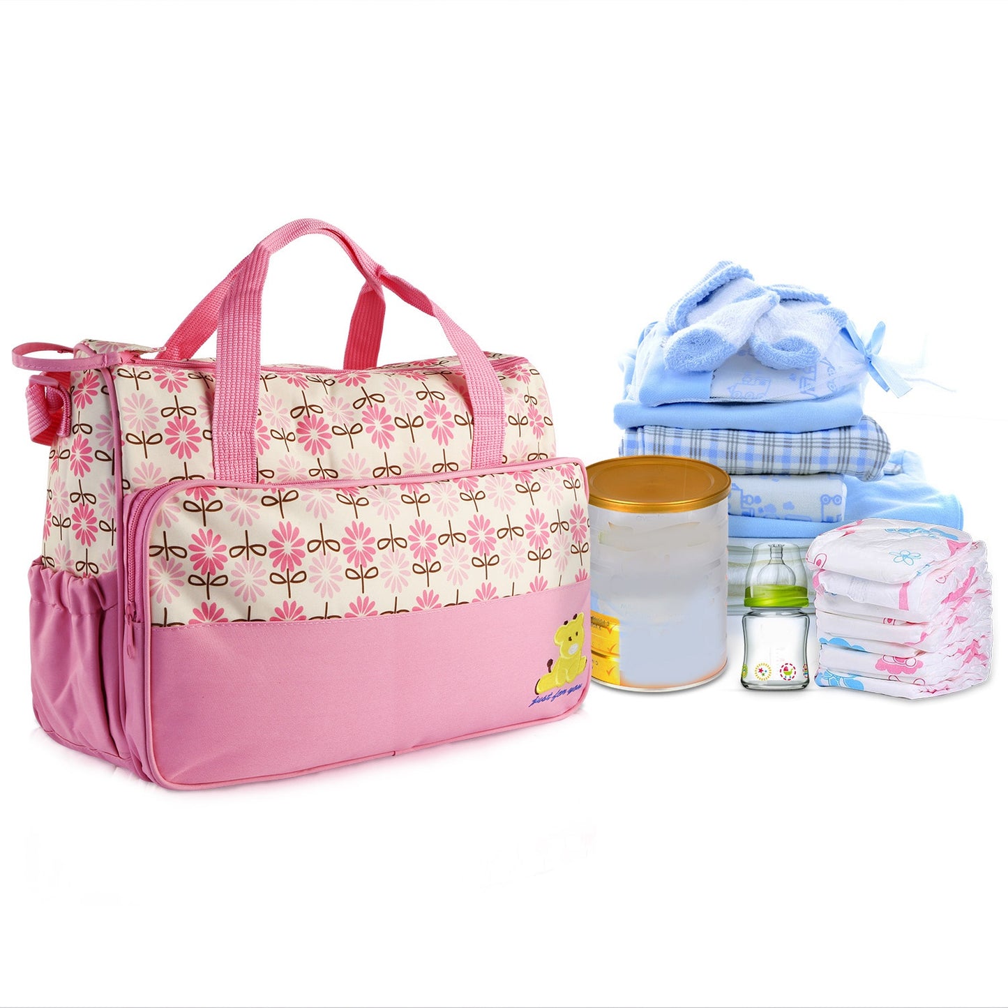 5PCS Baby Nappy Diaper Bags Set Mummy Diaper Shoulder Bags w/ Nappy Changing Pad Insulated Pockets Travel Tote Bags For Mom Dad