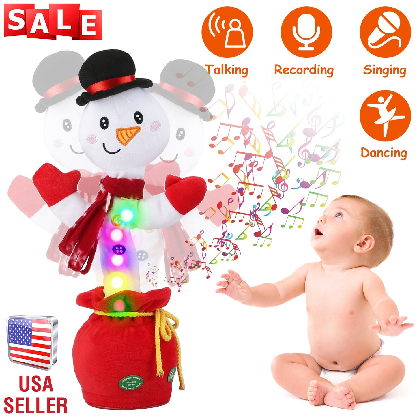 Kid Electric Dance Toy Christmas Elk Snowman Senior Penguin Plush Toy Interactive Sing Song Whirling Mimicking Recording Light up Toy
