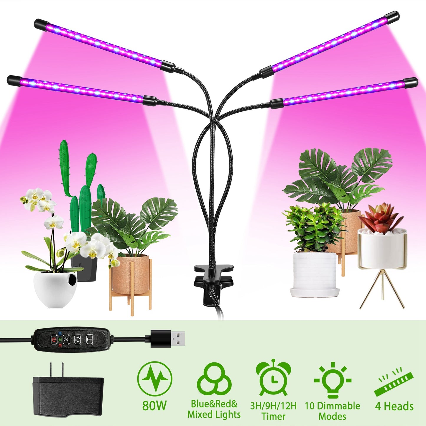 Grow Lights for Indoor Plants, iMounTEK 80W 80 LEDs Plant Lights with Red Blue Full Spectrum 10 Dimmable Level 360¡Adjustable Gooseneck 3/6/12H Timer